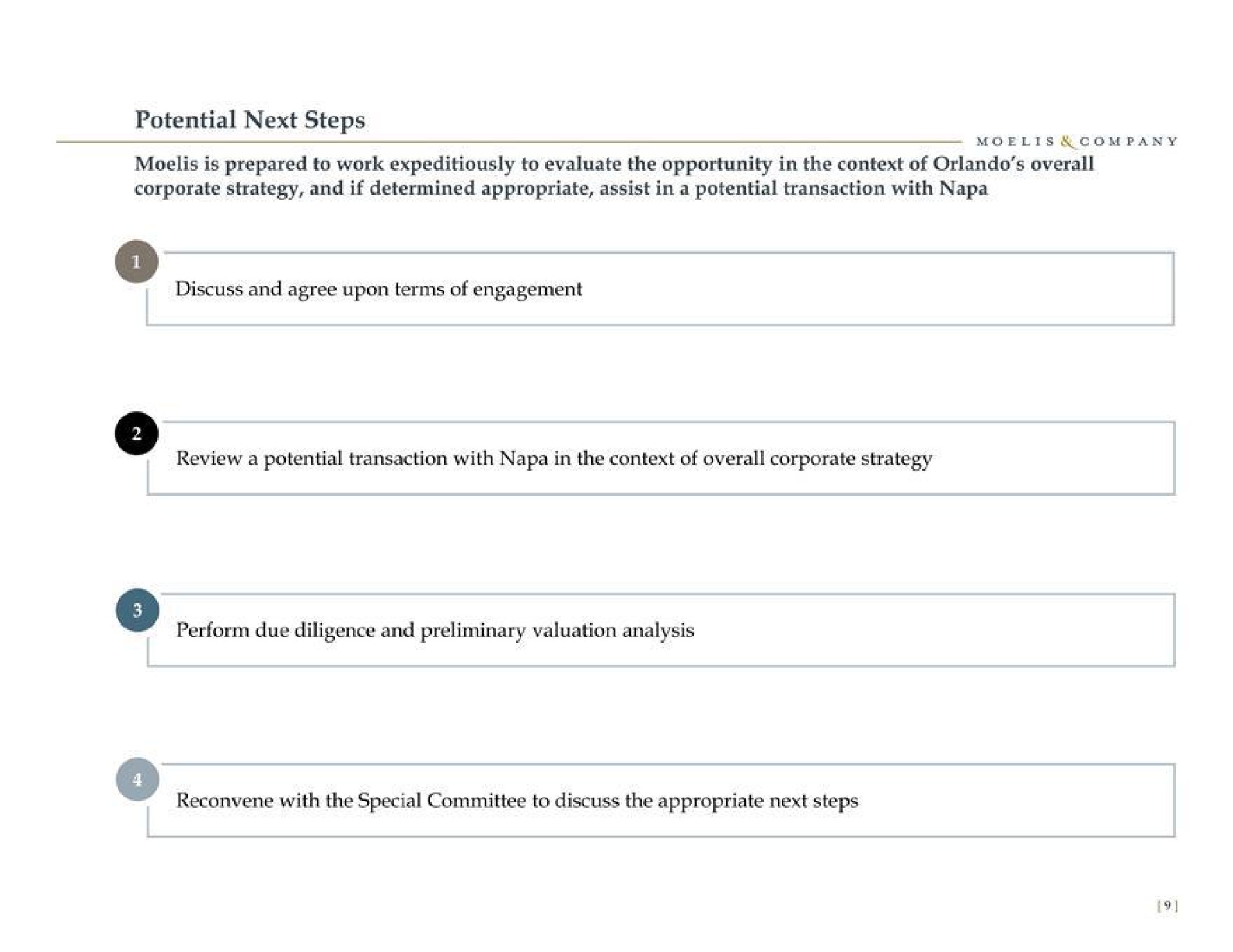 potential next steps discuss and agree upon terms of engagement review a potential transaction with napa in the context of overall corporate strategy perform due diligence and preliminary valuation analysis | Moelis & Company