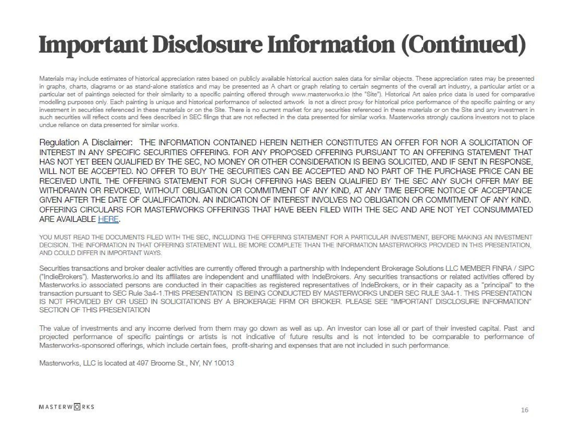 important disclosure information continued | Masterworks