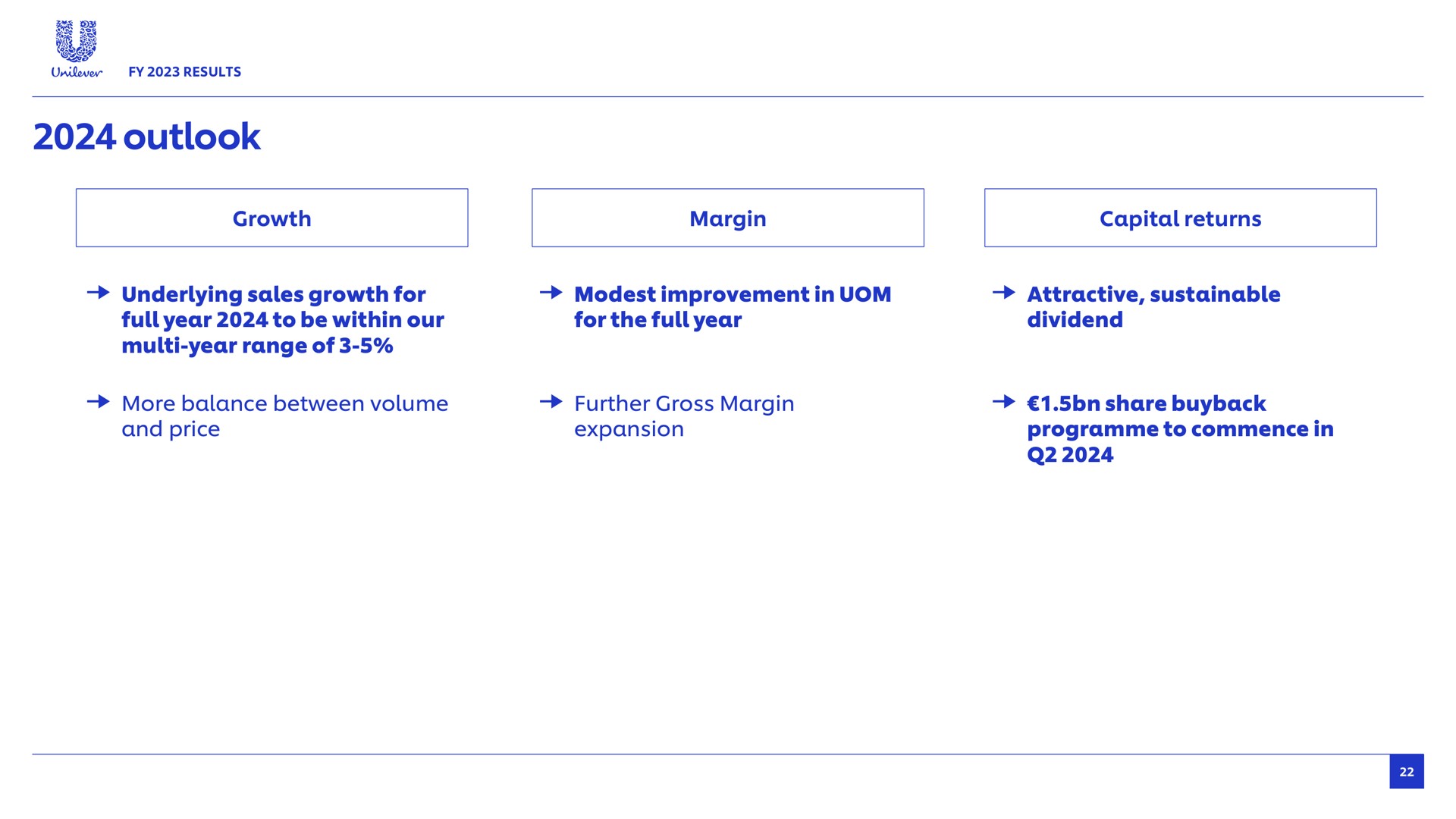 outlook growth margin capital returns underlying sales growth for modest improvement in attractive sustainable full year to be within our year range of for the full year dividend more balance between volume further gross margin and price expansion share to commence in | Unilever