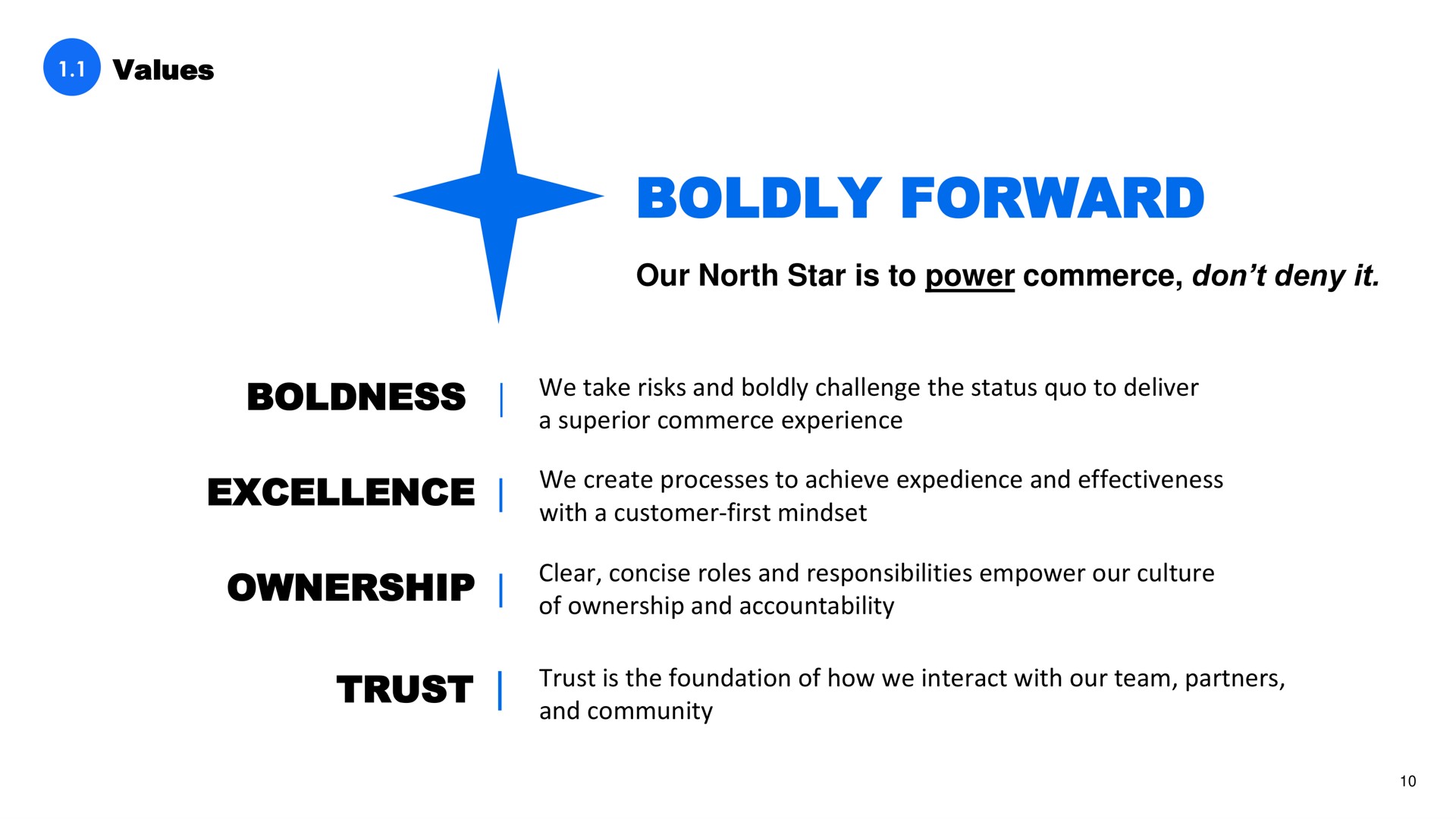 values boldly forward our north star is to power commerce don deny it boldness we take risks and boldly challenge the status quo to deliver a superior commerce experience excellence we create processes to achieve expedience and effectiveness with a customer first ownership clear concise roles and responsibilities empower our culture of ownership and accountability trust trust is the foundation of how we interact with our team partners and community | Shift4