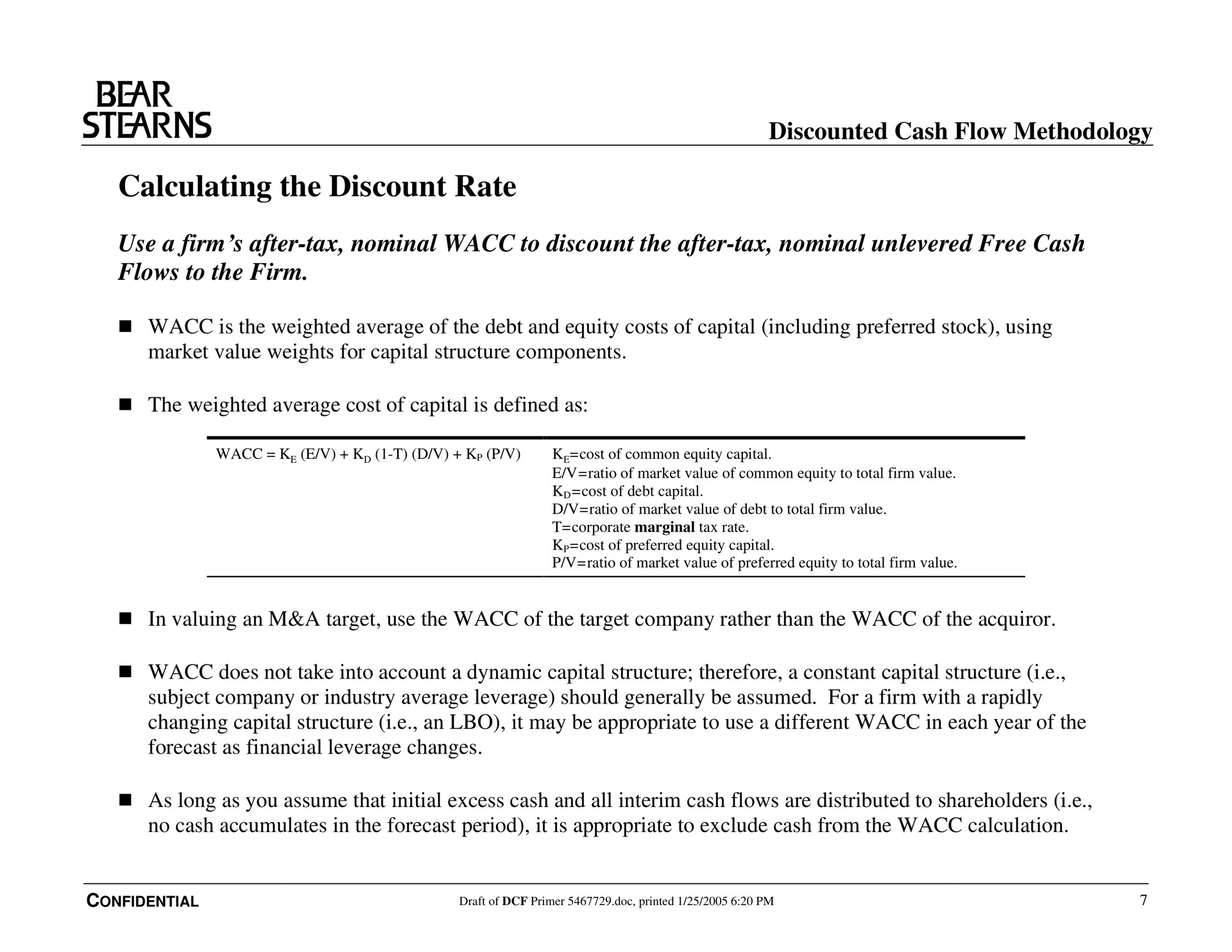 calculating the discount rate bear discounted cash flow methodology | Bear Stearns