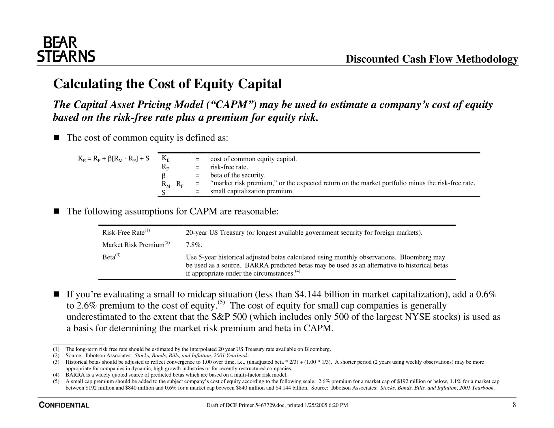calculating the cost of equity capital bear discounted cash flow methodology | Bear Stearns