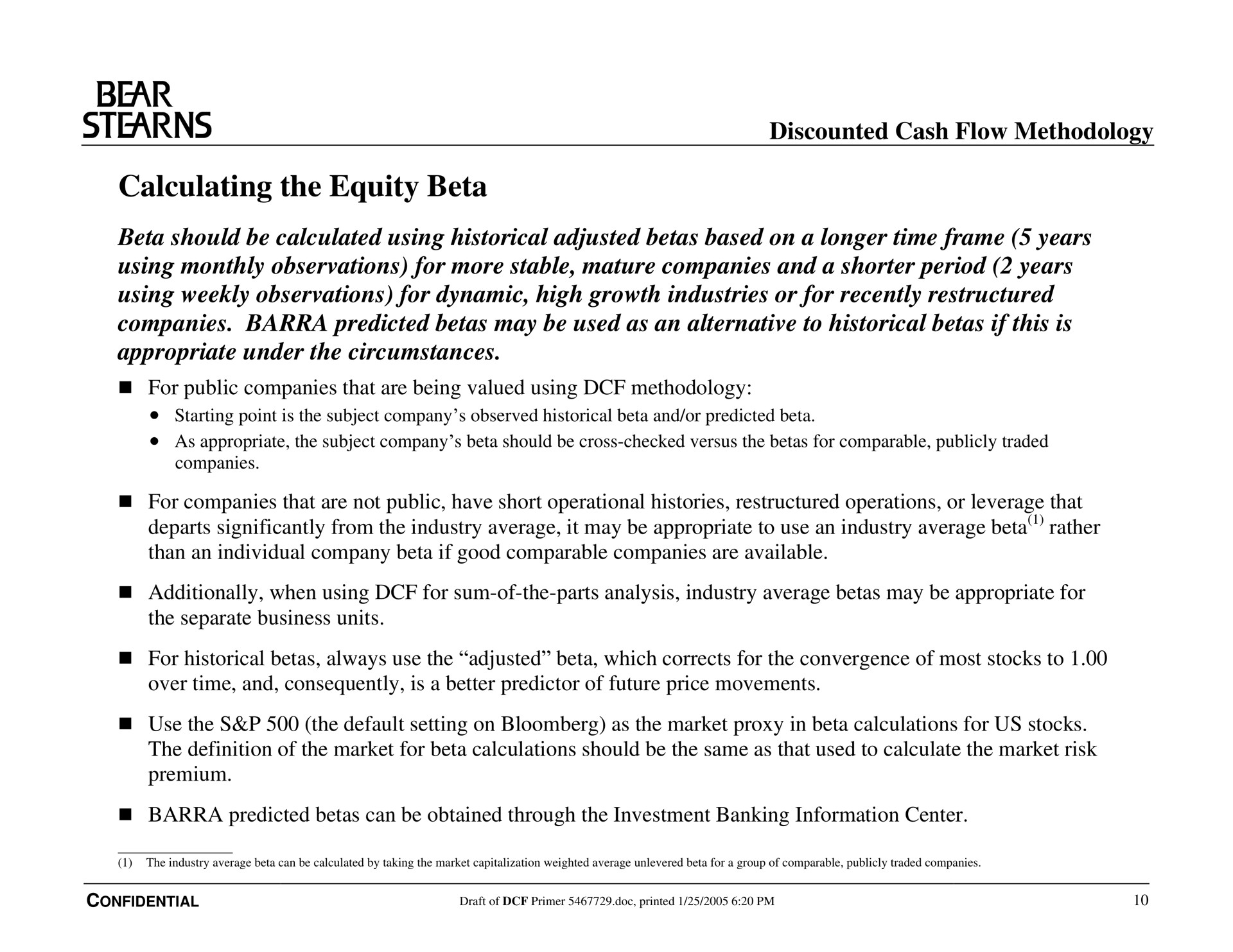 calculating the equity beta bear discounted cash flow methodology | Bear Stearns