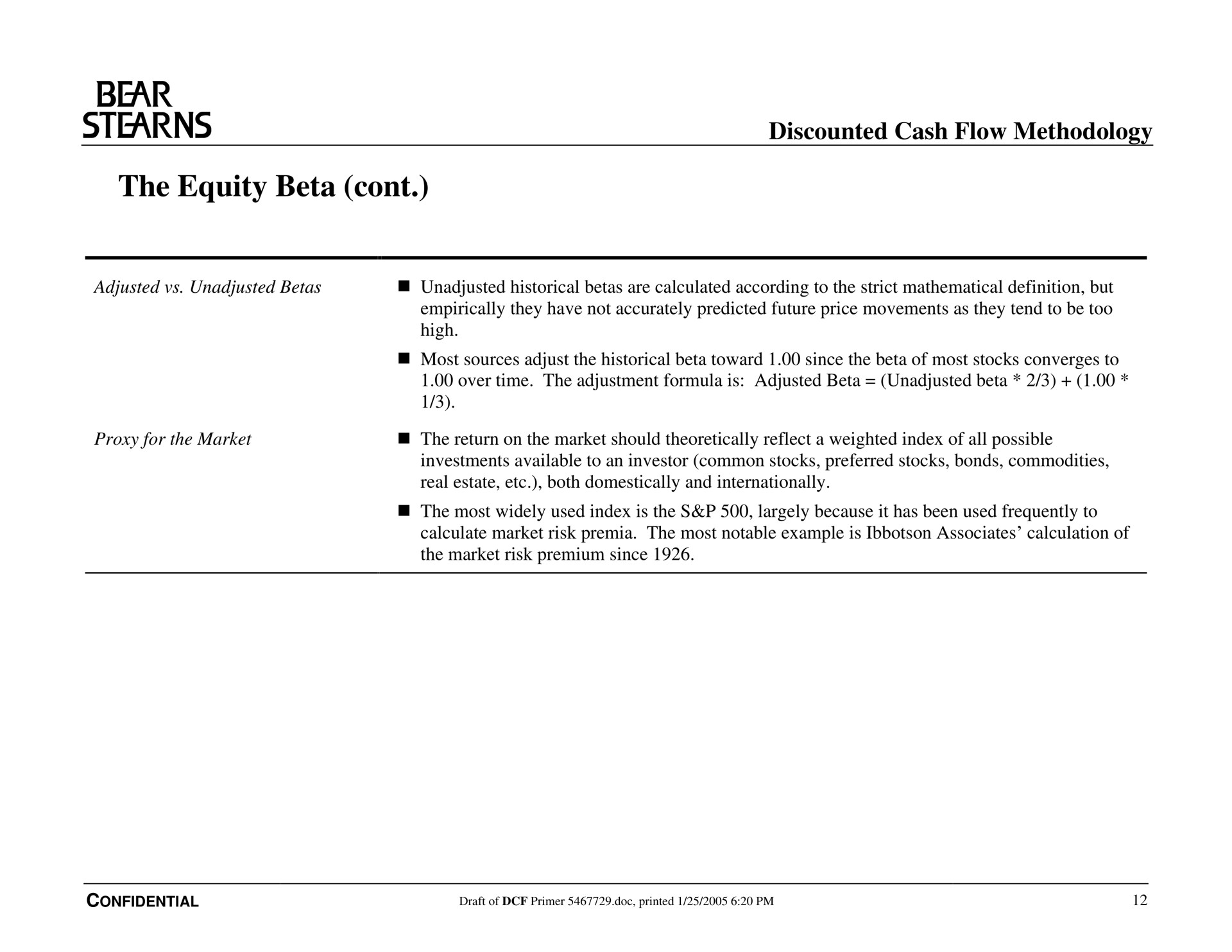 the equity beta bear discounted cash flow methodology | Bear Stearns