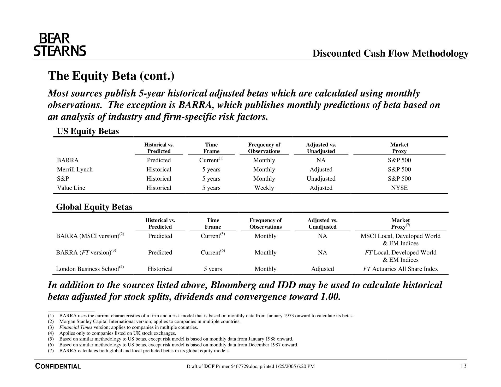 the equity beta bear discounted cash flow methodology | Bear Stearns