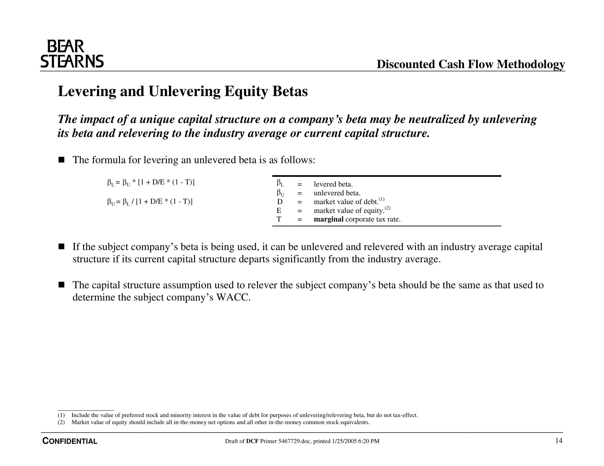 levering and equity betas bear discounted cash flow methodology | Bear Stearns
