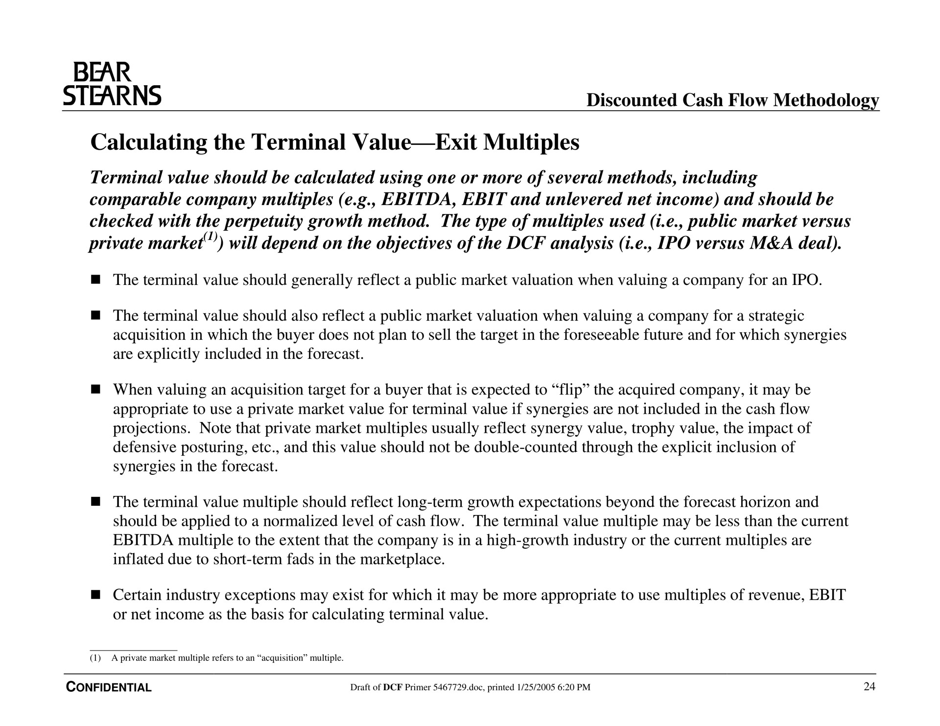 calculating the terminal value exit multiples bear discounted cash flow methodology | Bear Stearns