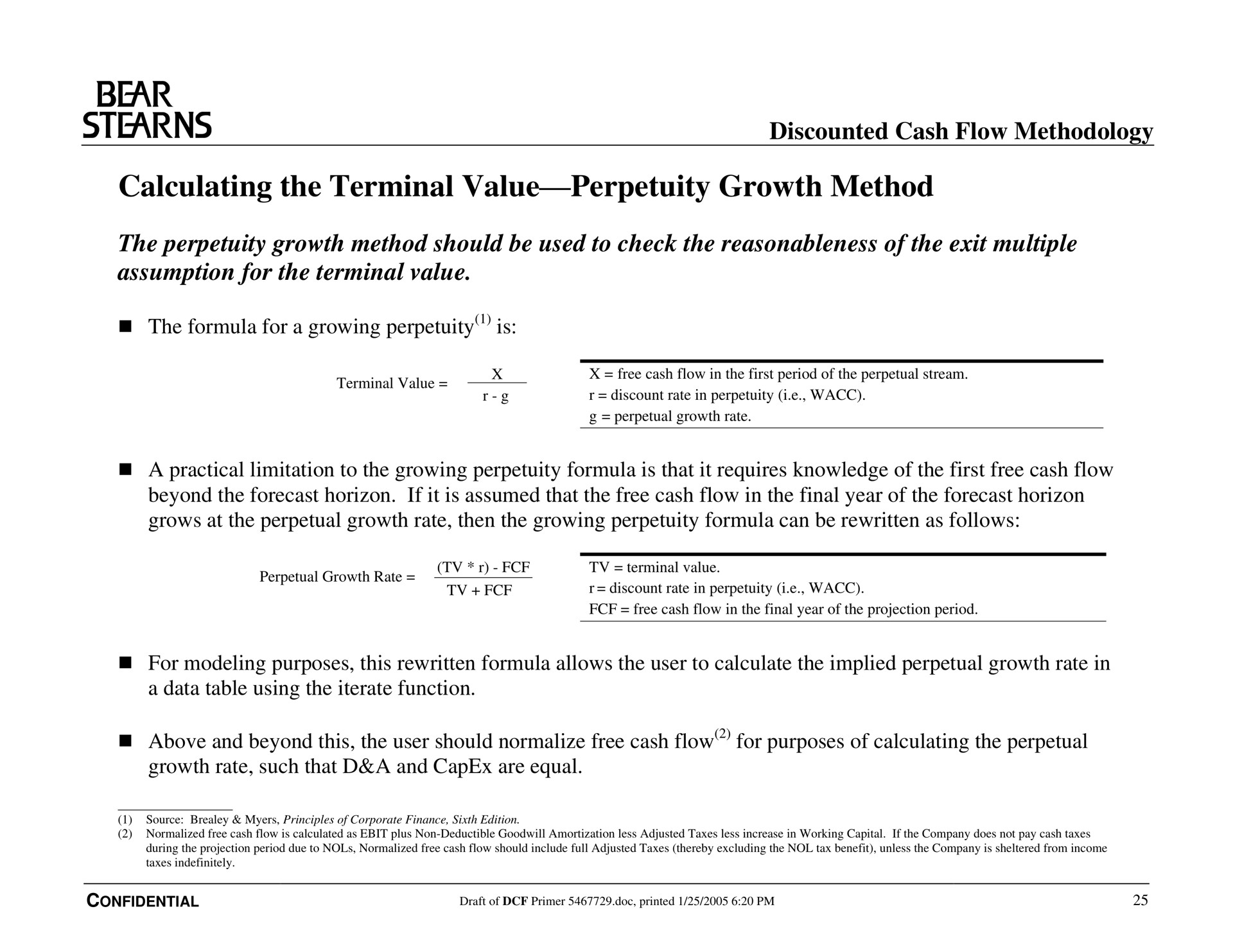 calculating the terminal value perpetuity growth method bear discounted cash flow methodology | Bear Stearns
