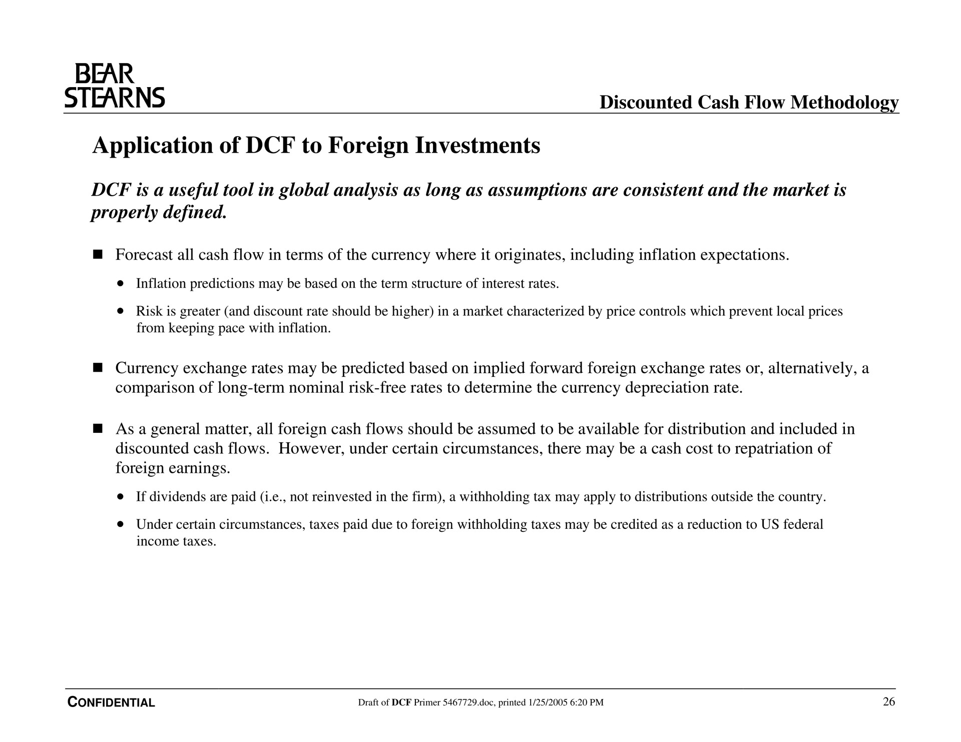 application of to foreign investments bear discounted cash flow methodology | Bear Stearns