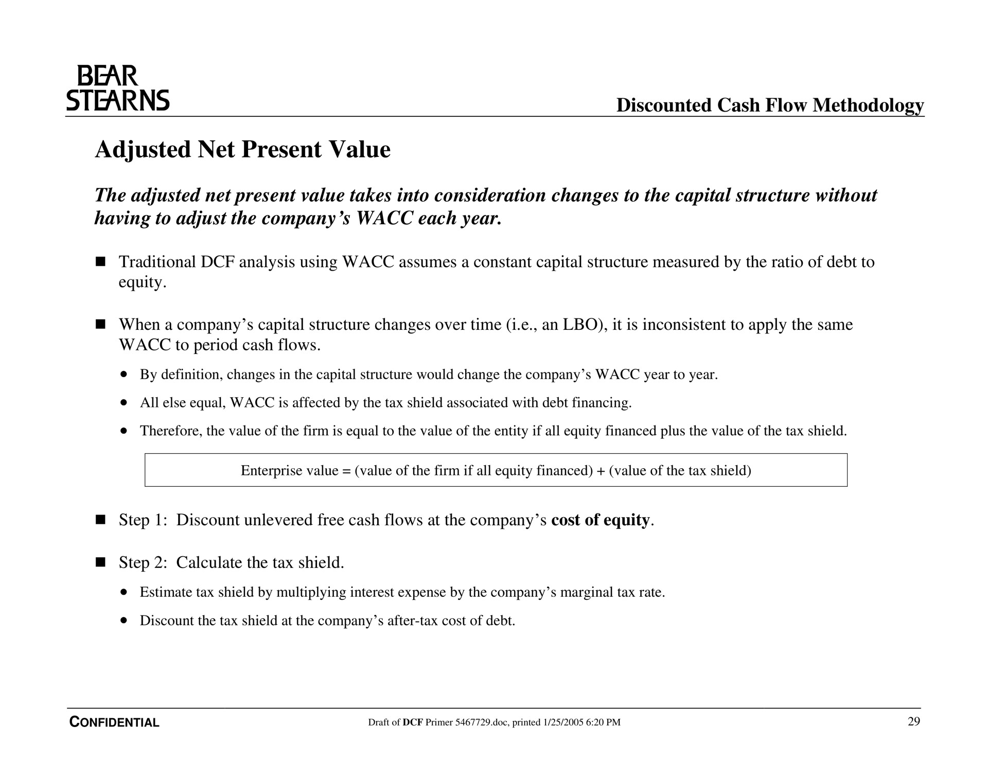 adjusted net present value bear discounted cash flow methodology | Bear Stearns