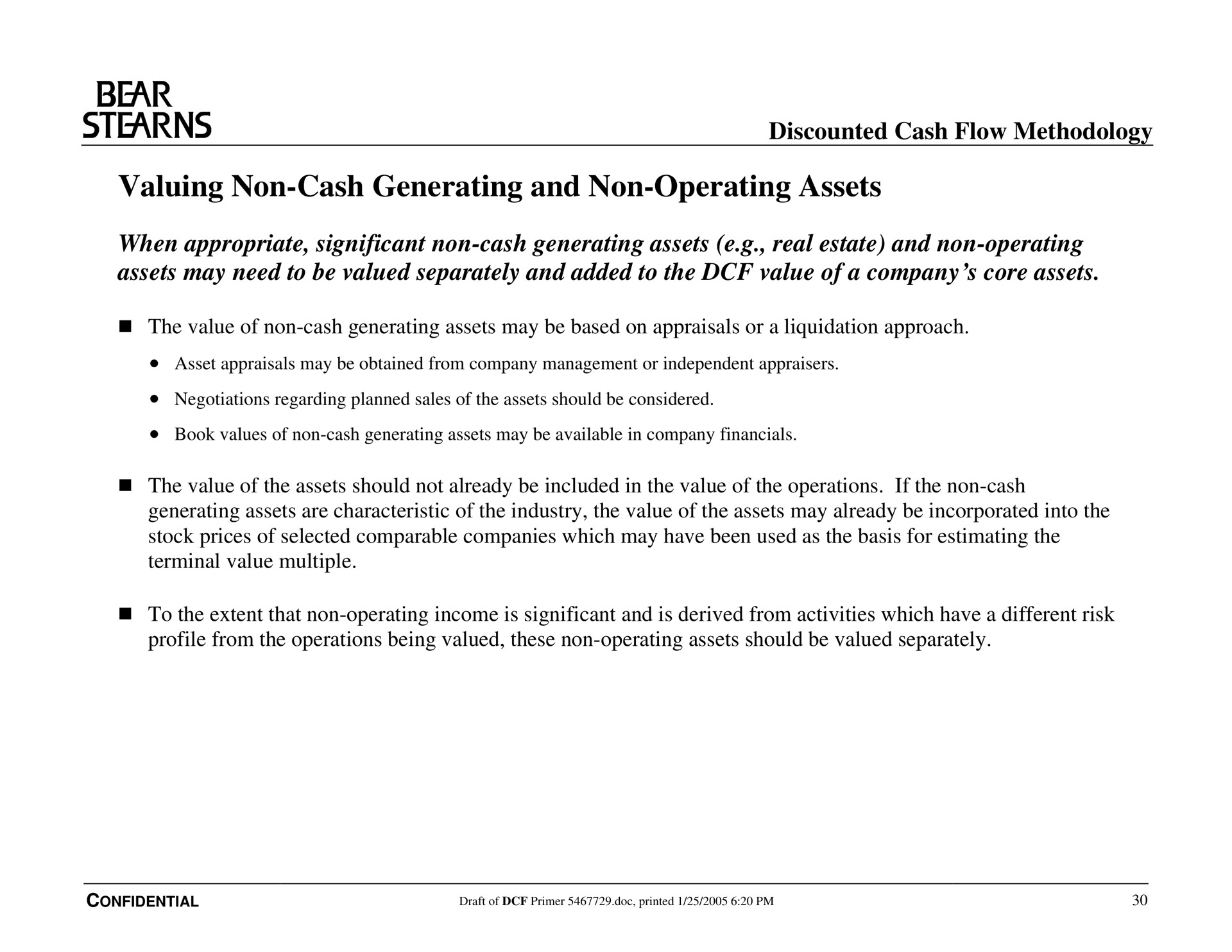 valuing non cash generating and non operating assets bear discounted cash flow methodology | Bear Stearns