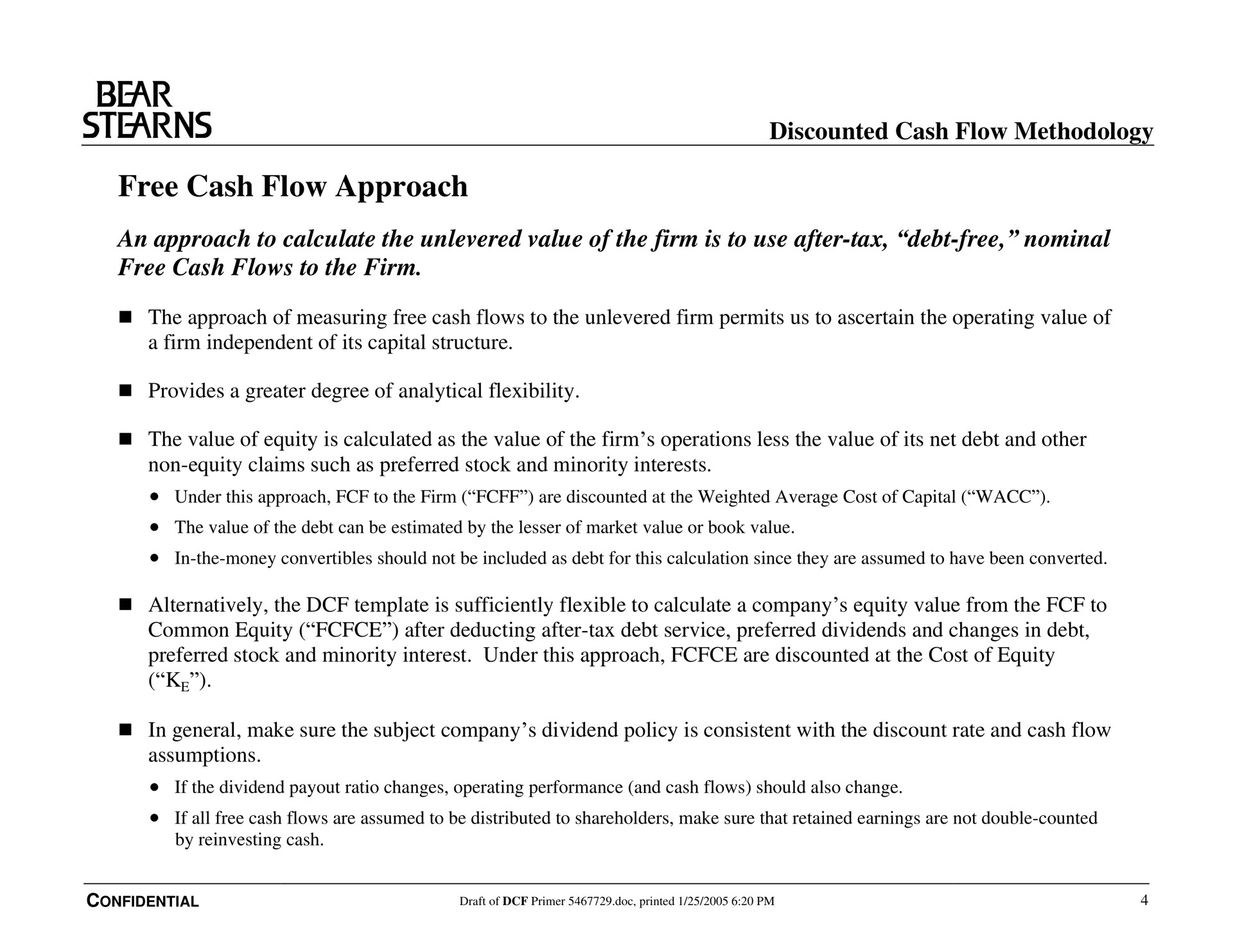 free cash flow approach bear discounted methodology | Bear Stearns