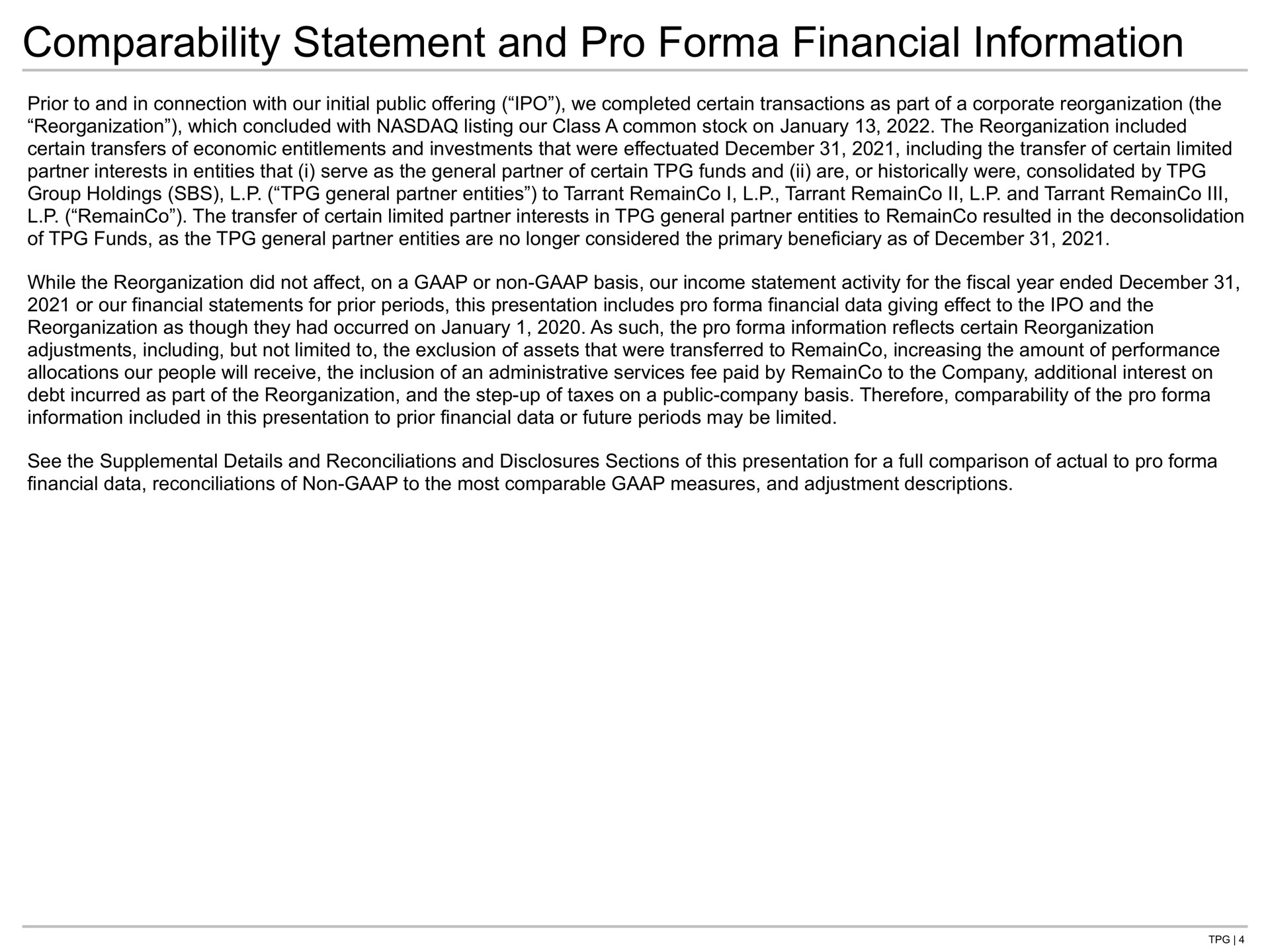 comparability statement and pro financial information | TPG