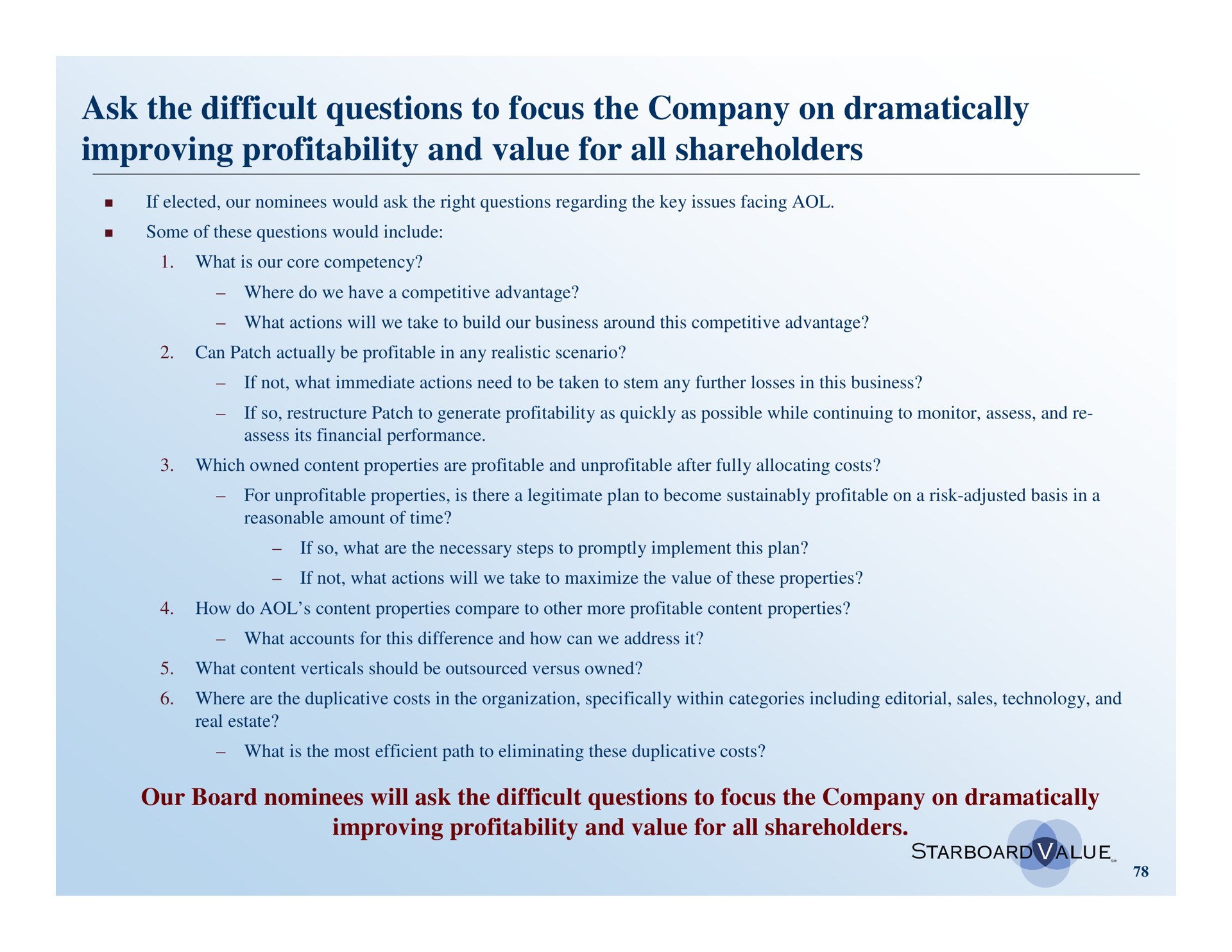 ask the difficult questions to focus the company on dramatically improving profitability and value for all shareholders | Starboard Value