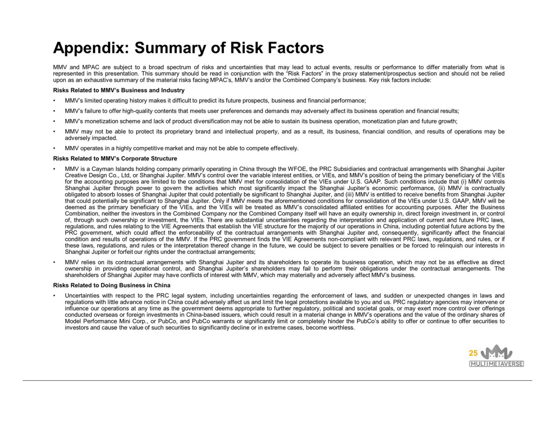 appendix summary of risk factors | MultiMetaVerse