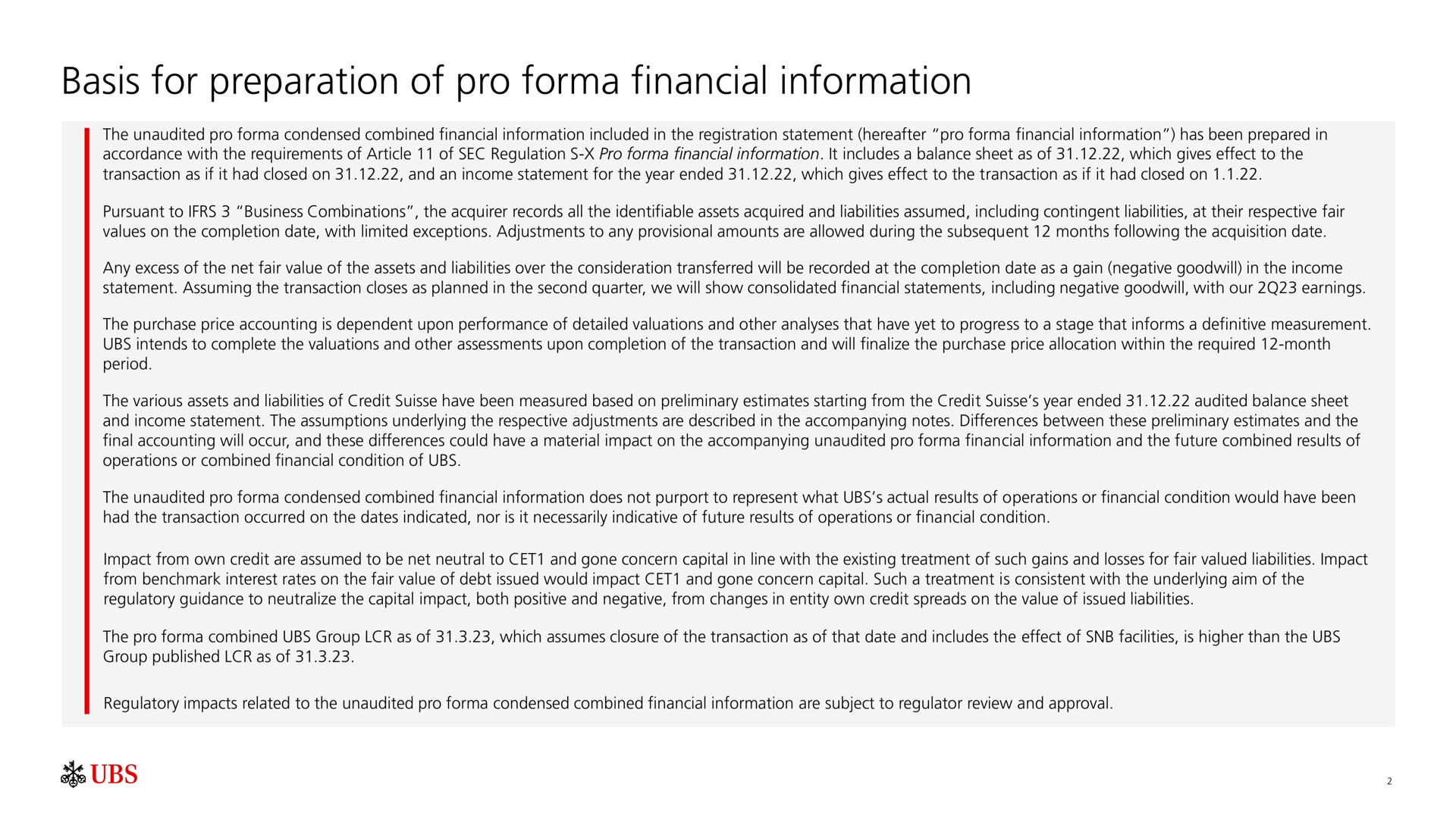 basis for preparation of pro financial information | UBS