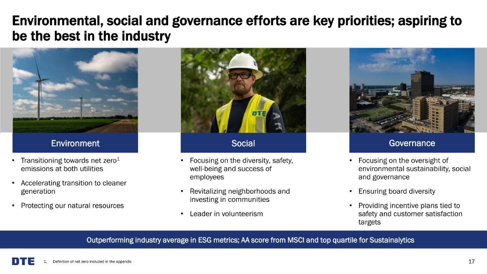 environmental social and governance efforts are key priorities aspiring to be the best in the industry environment | DTE Electric