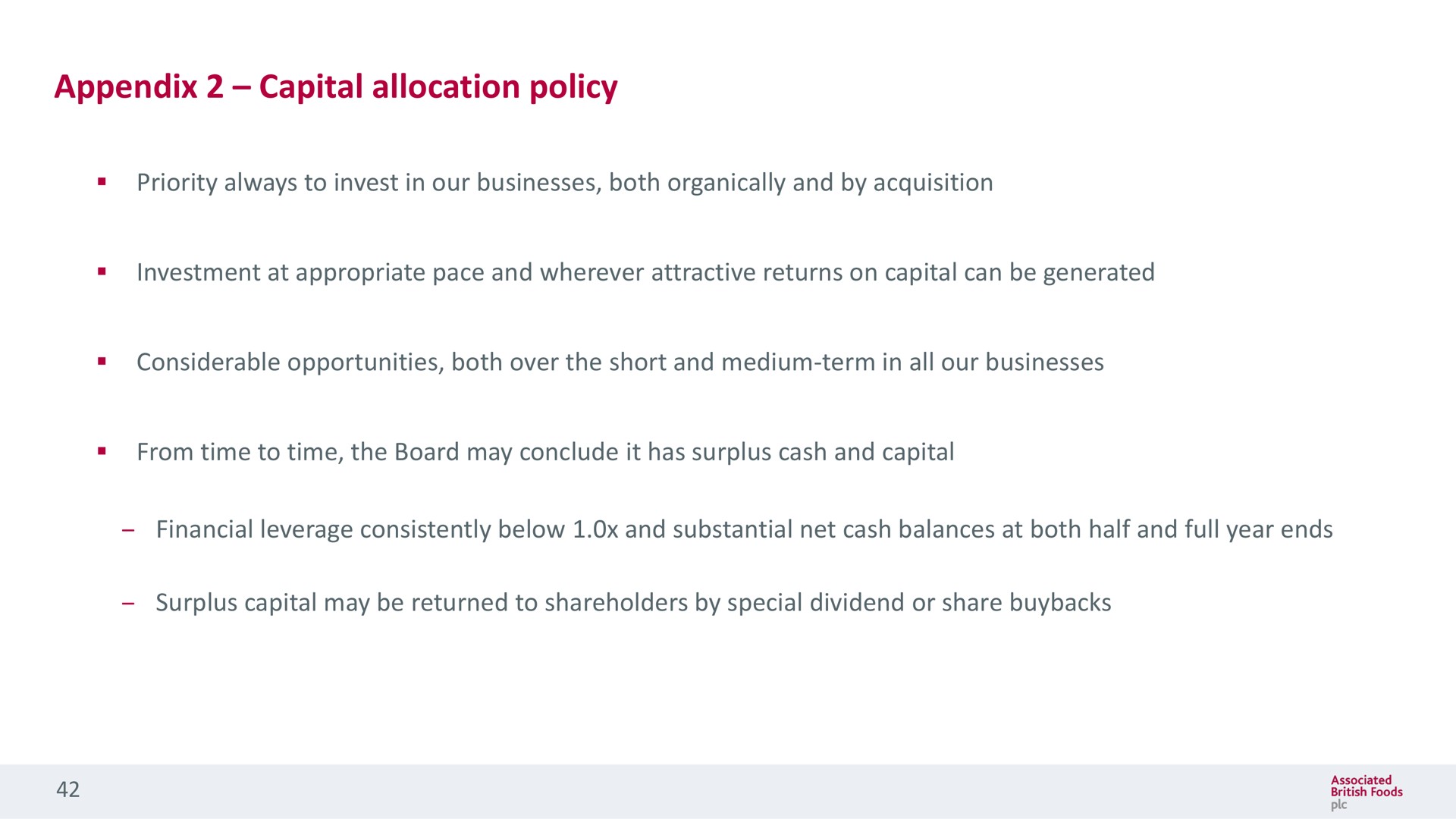 appendix capital allocation policy | Associated British Foods