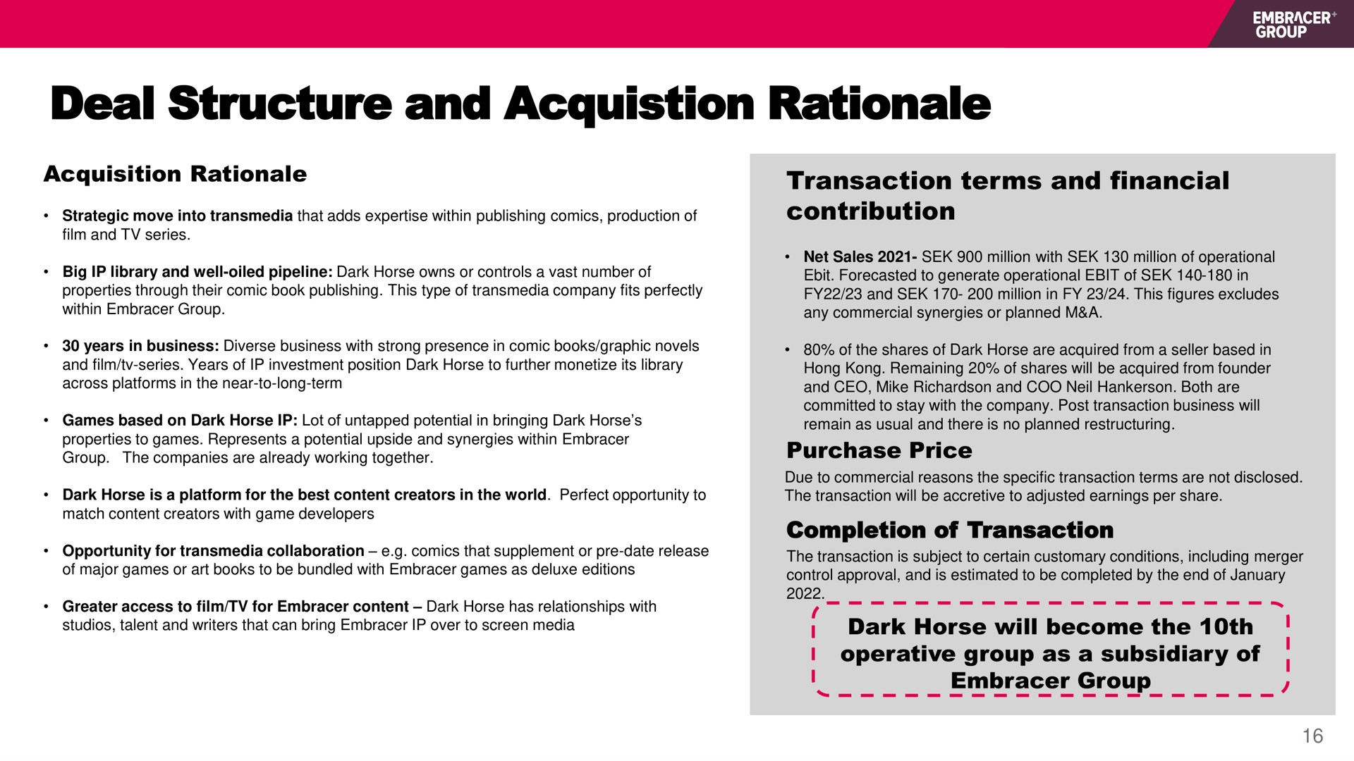 deal structure and rationale | Embracer Group