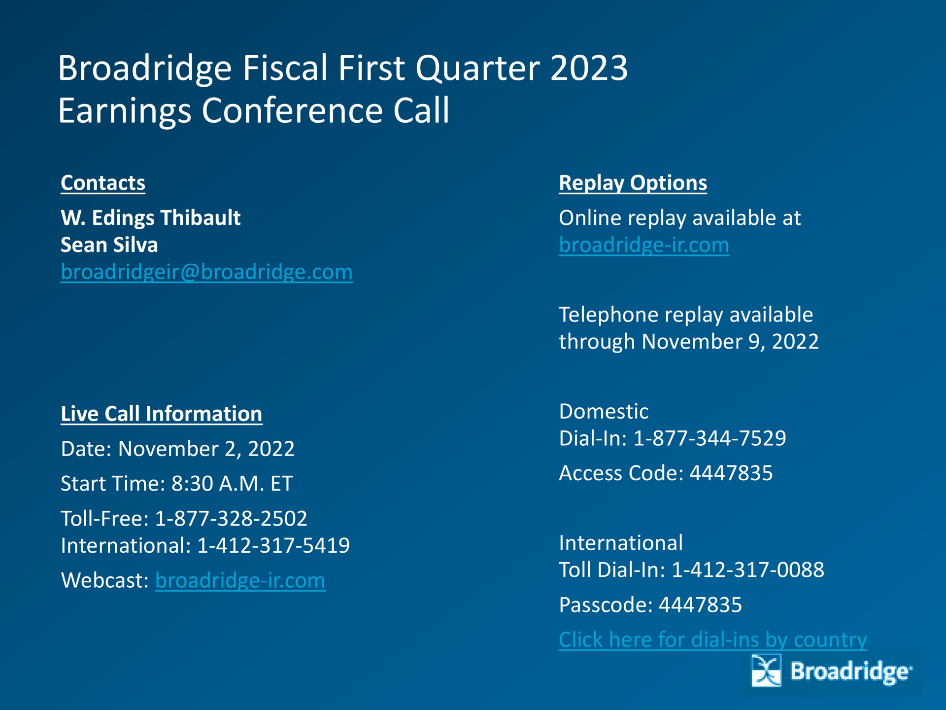fiscal first quarter earnings conference call sera be | Broadridge Financial Solutions