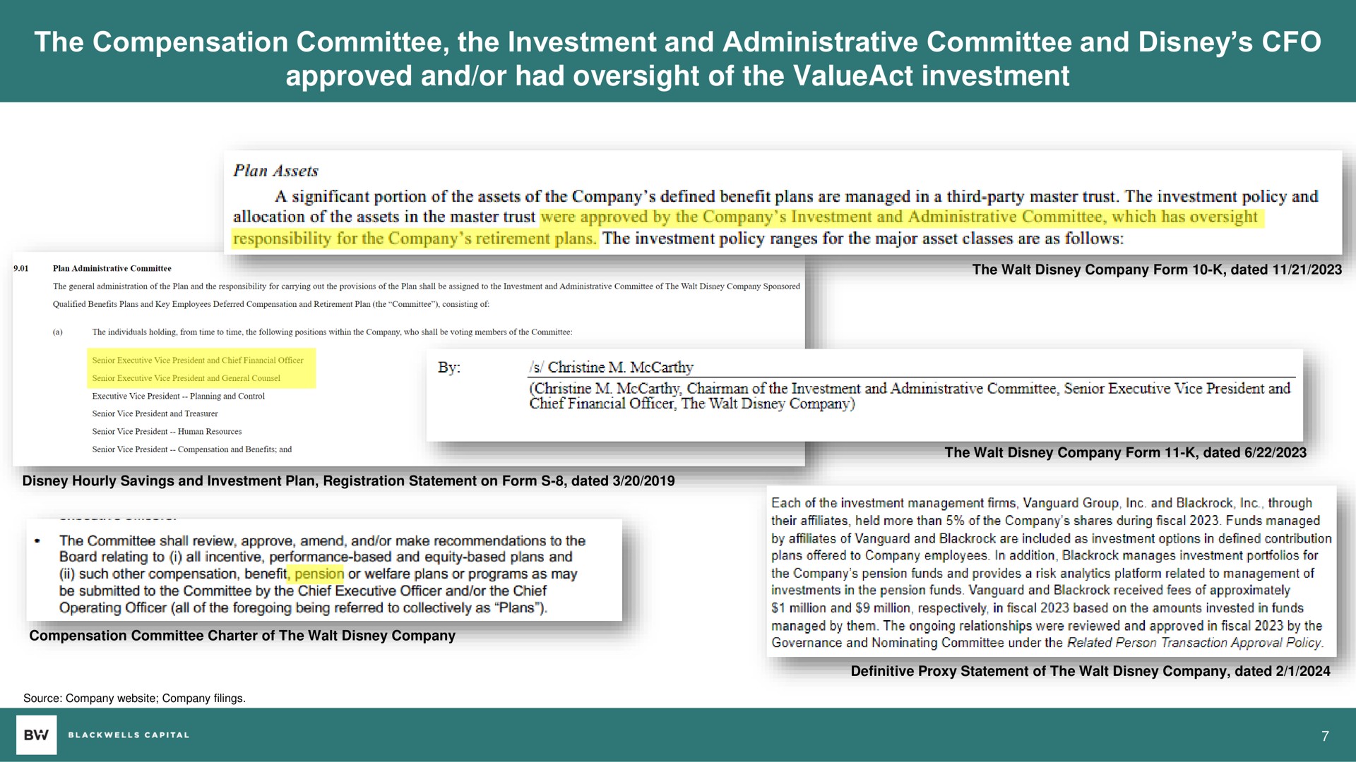 the compensation committee the investment and administrative committee and approved and or had oversight of the investment | Blackwells Capital