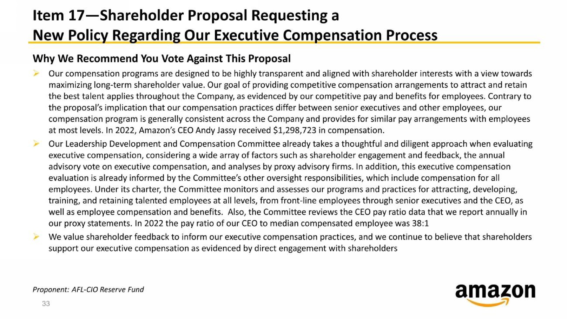 item shareholder proposal requesting a new policy regarding our executive compensation process | Amazon
