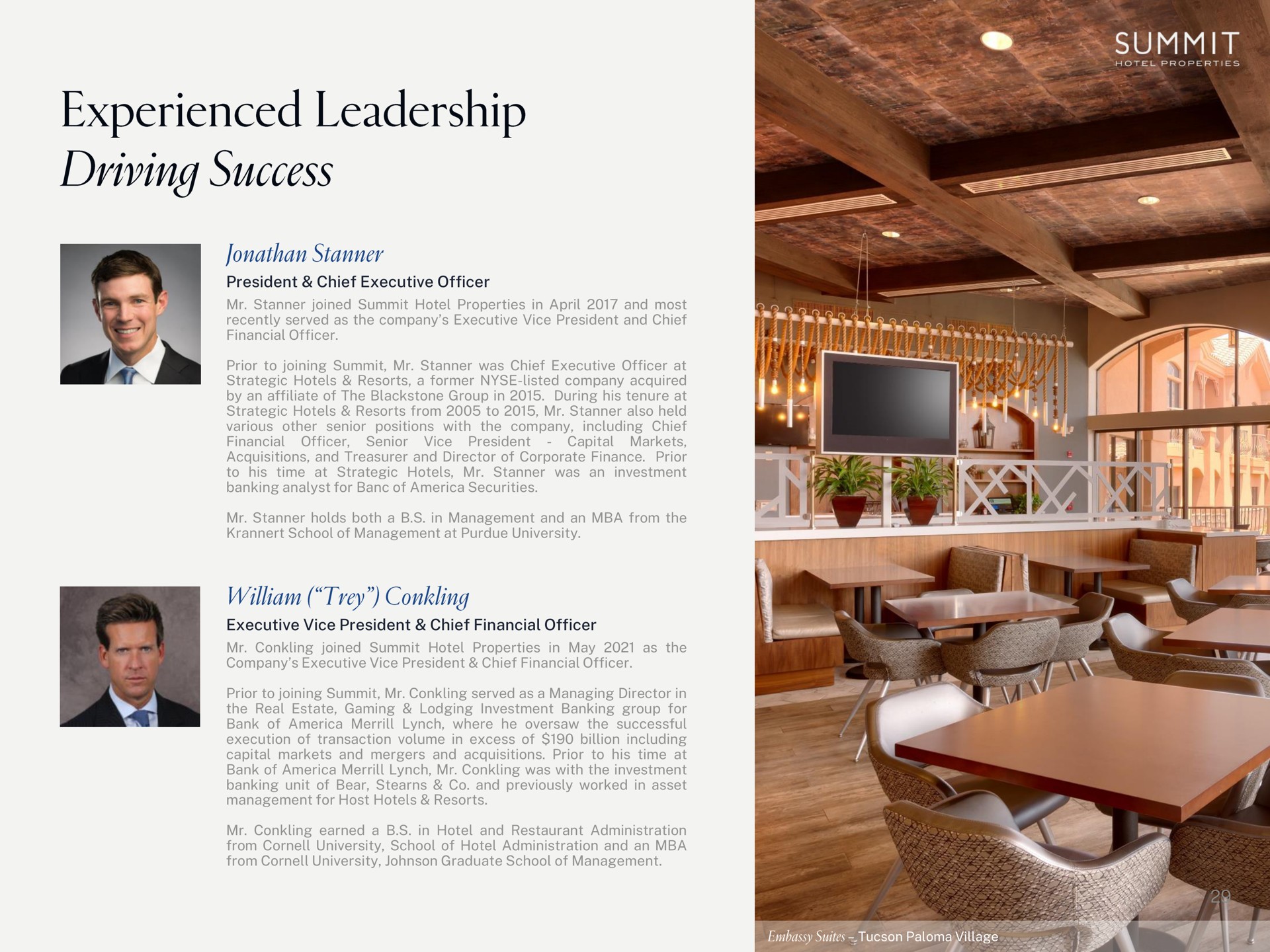 president chief executive officer executive vice president chief financial officer experienced leadership driving success wan | Summit Hotel Properties
