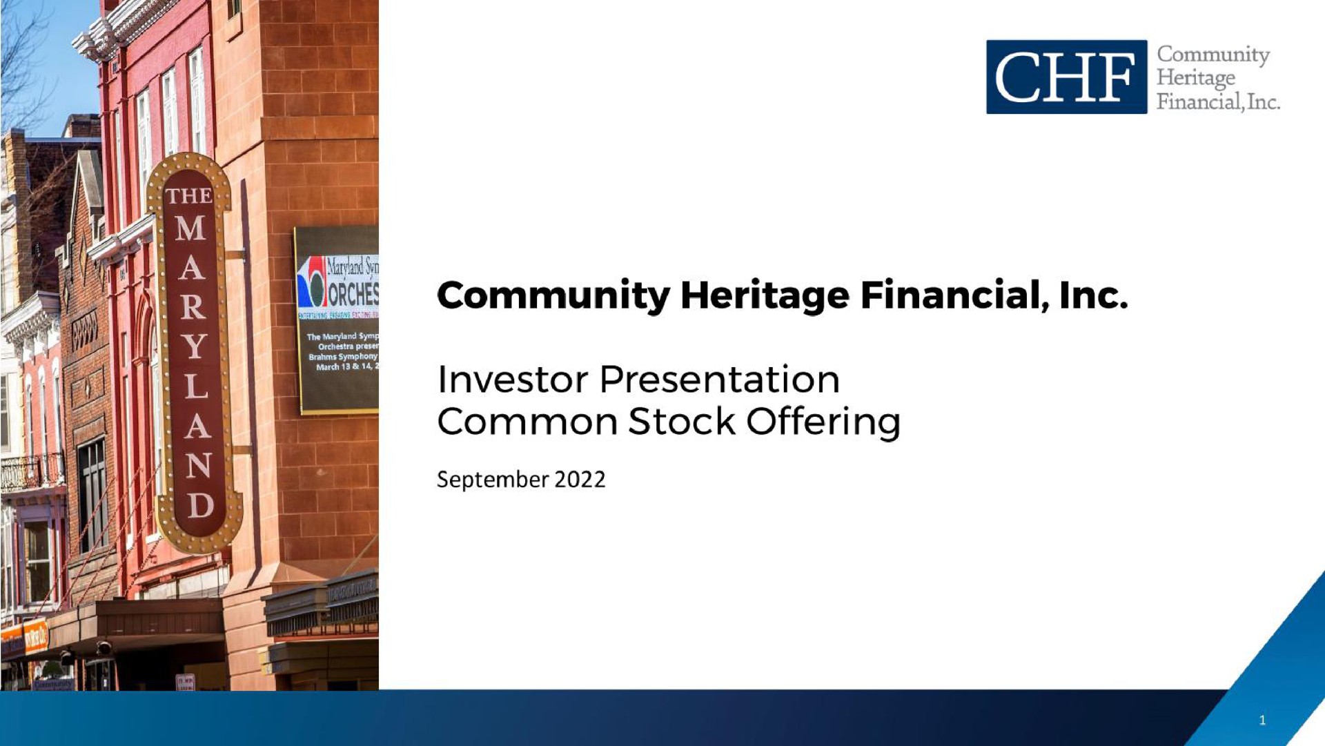 investor presentation common stock offering community heritage financial a | Community Heritage Financial