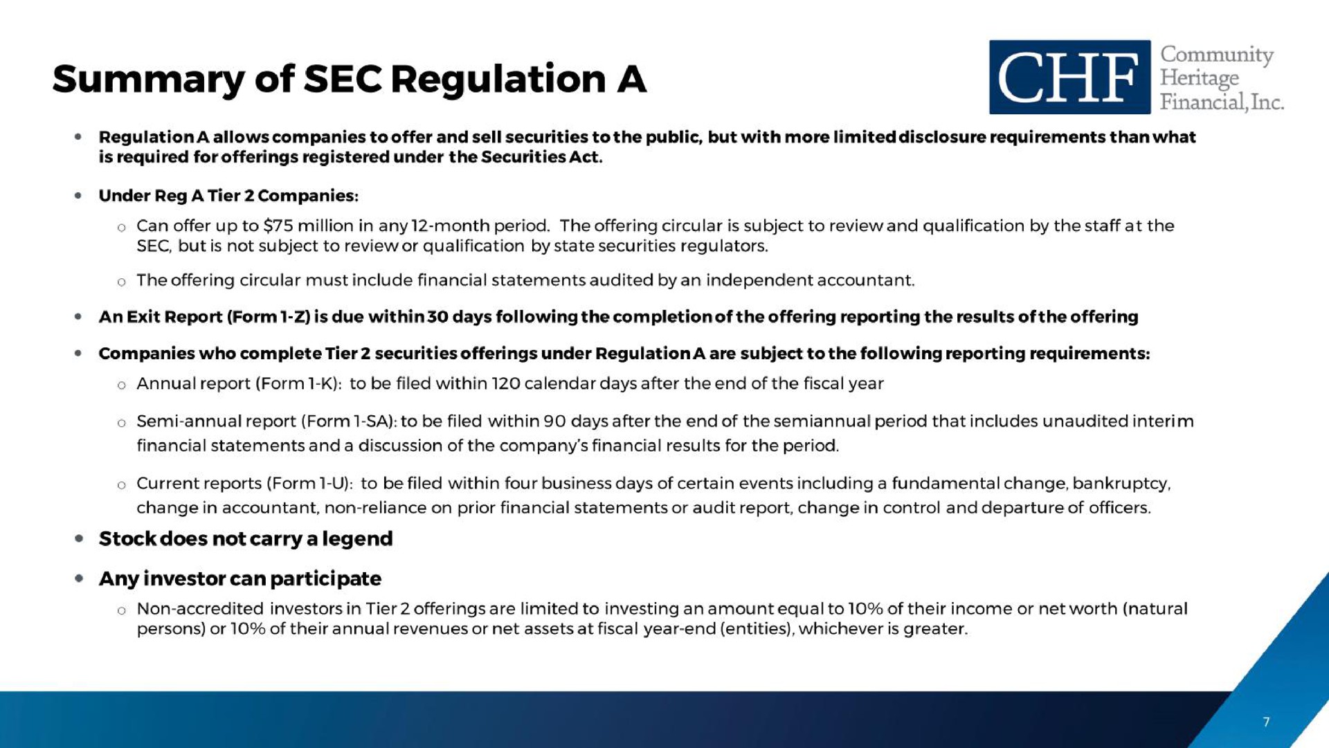 summary of sec regulation a che | Community Heritage Financial