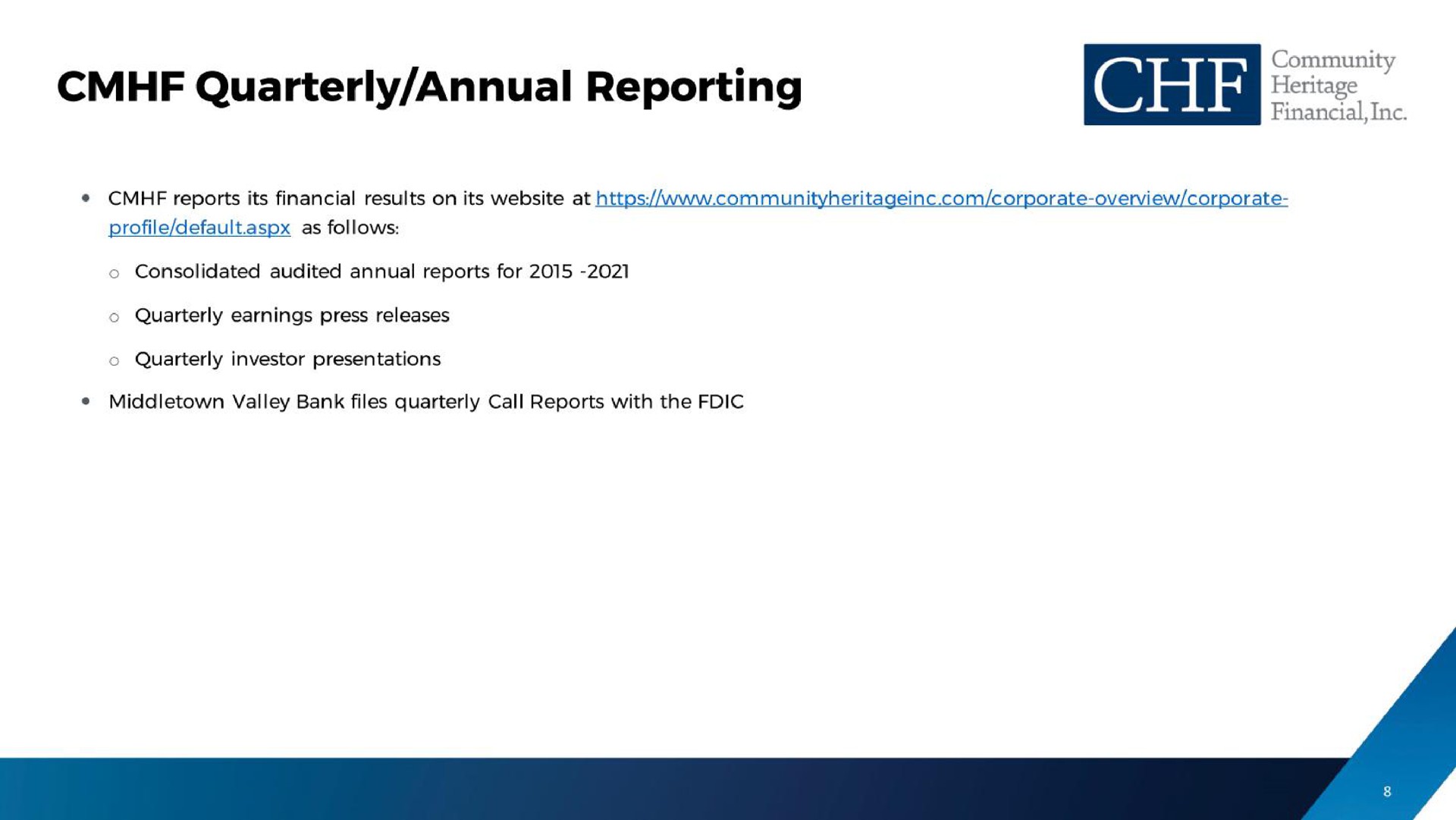 quarterly annual reporting | Community Heritage Financial