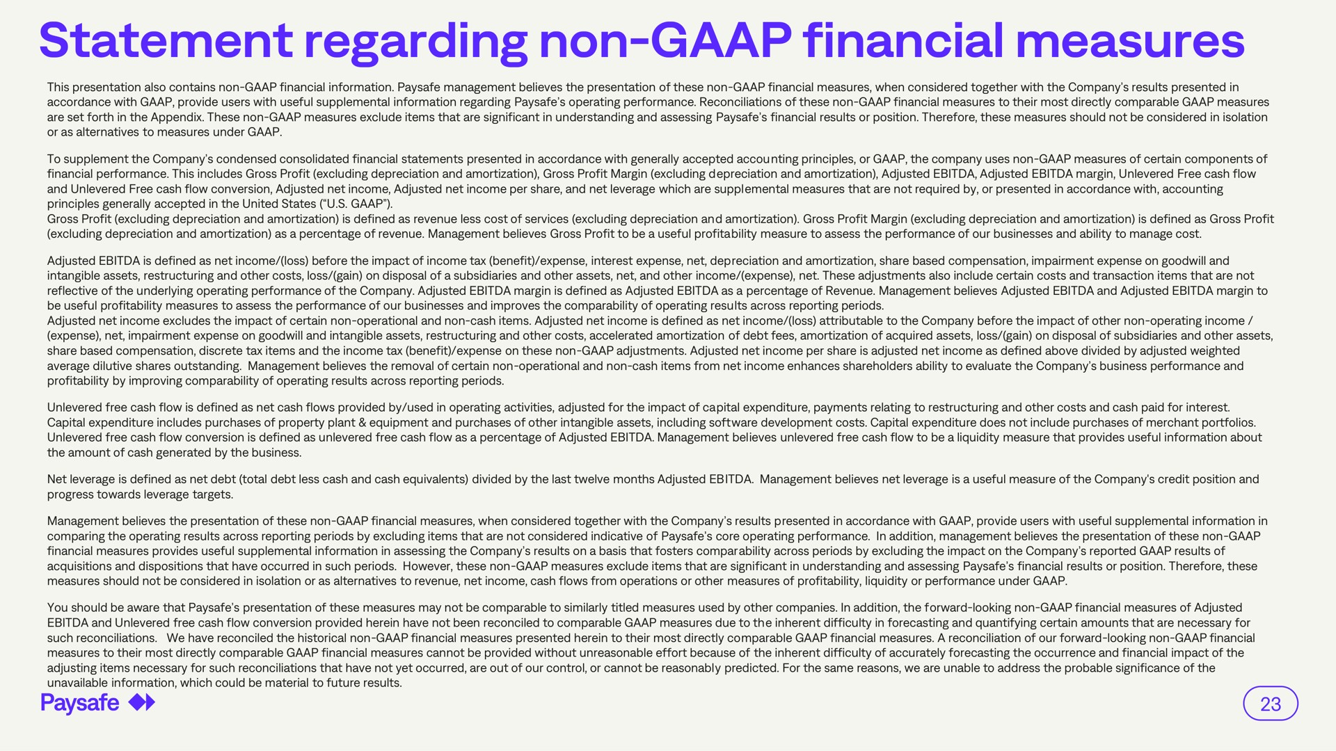 statement regarding non financial measures | Paysafe