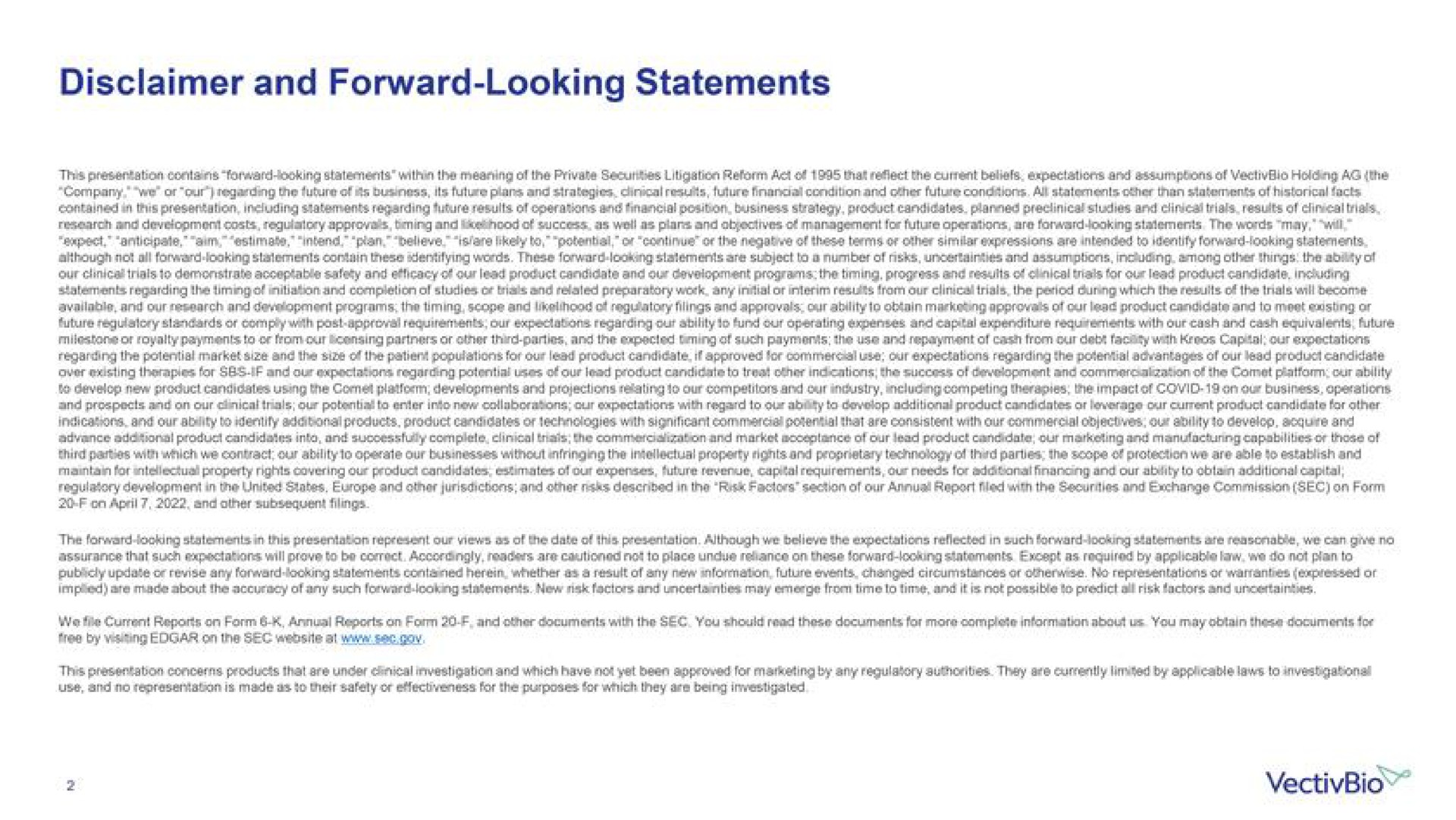 disclaimer and forward looking statements | VectivBio