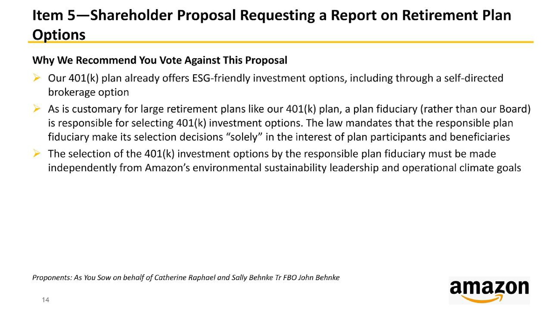 item shareholder proposal requesting a report on retirement plan options | Amazon