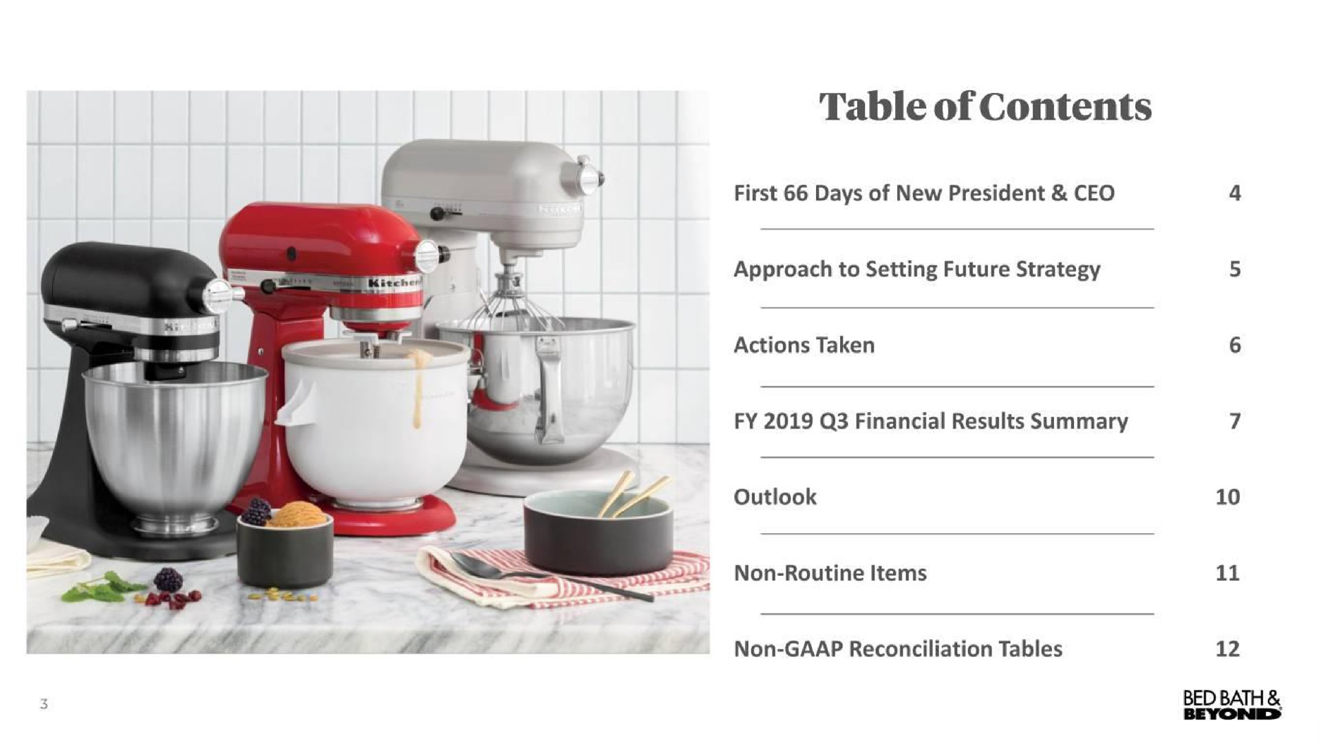 table of contents first days of new president approach to setting future strategy actions taken financial results summary bed bath | Bed Bath & Beyond