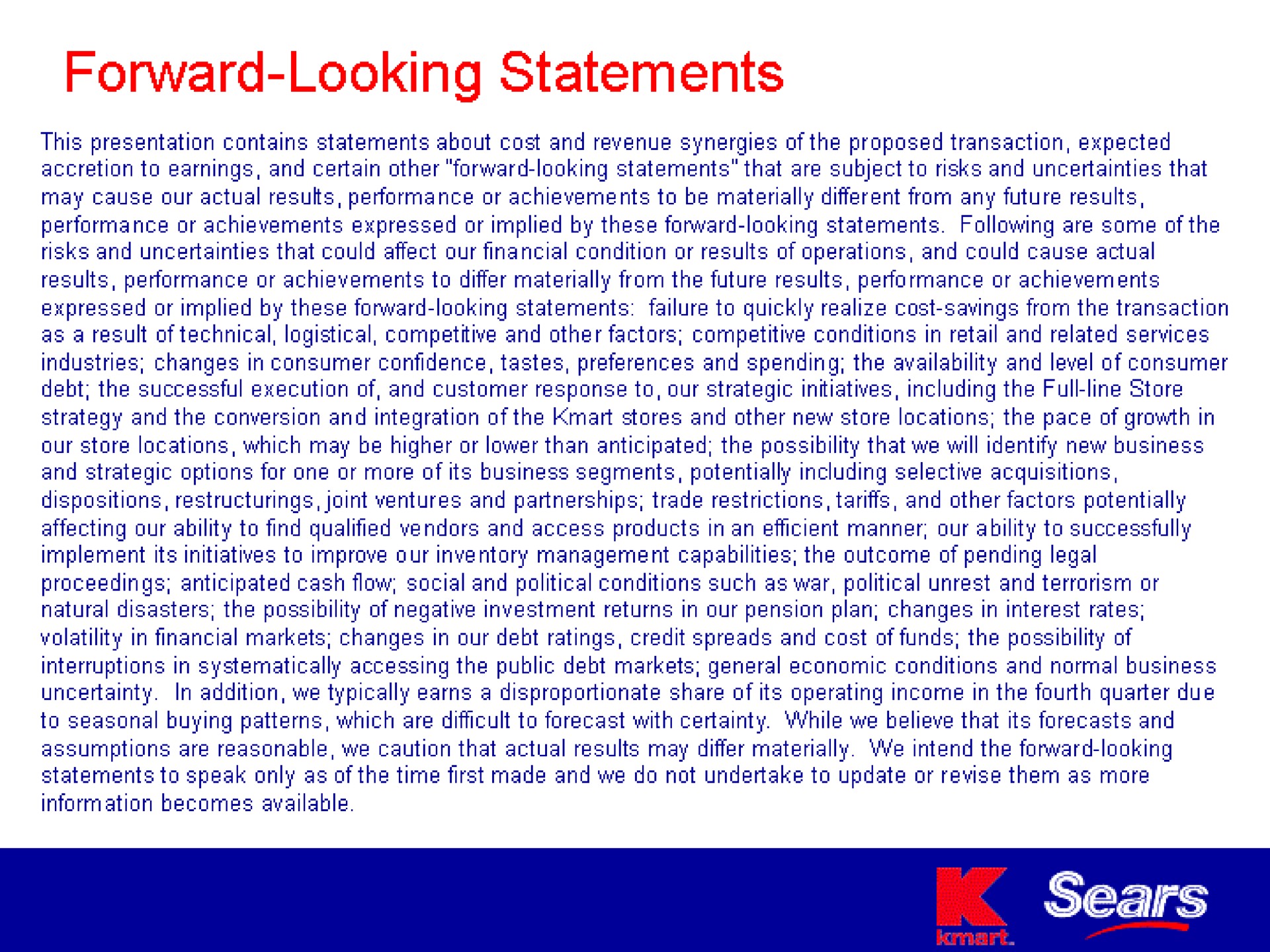forward looking statements sears | Sears