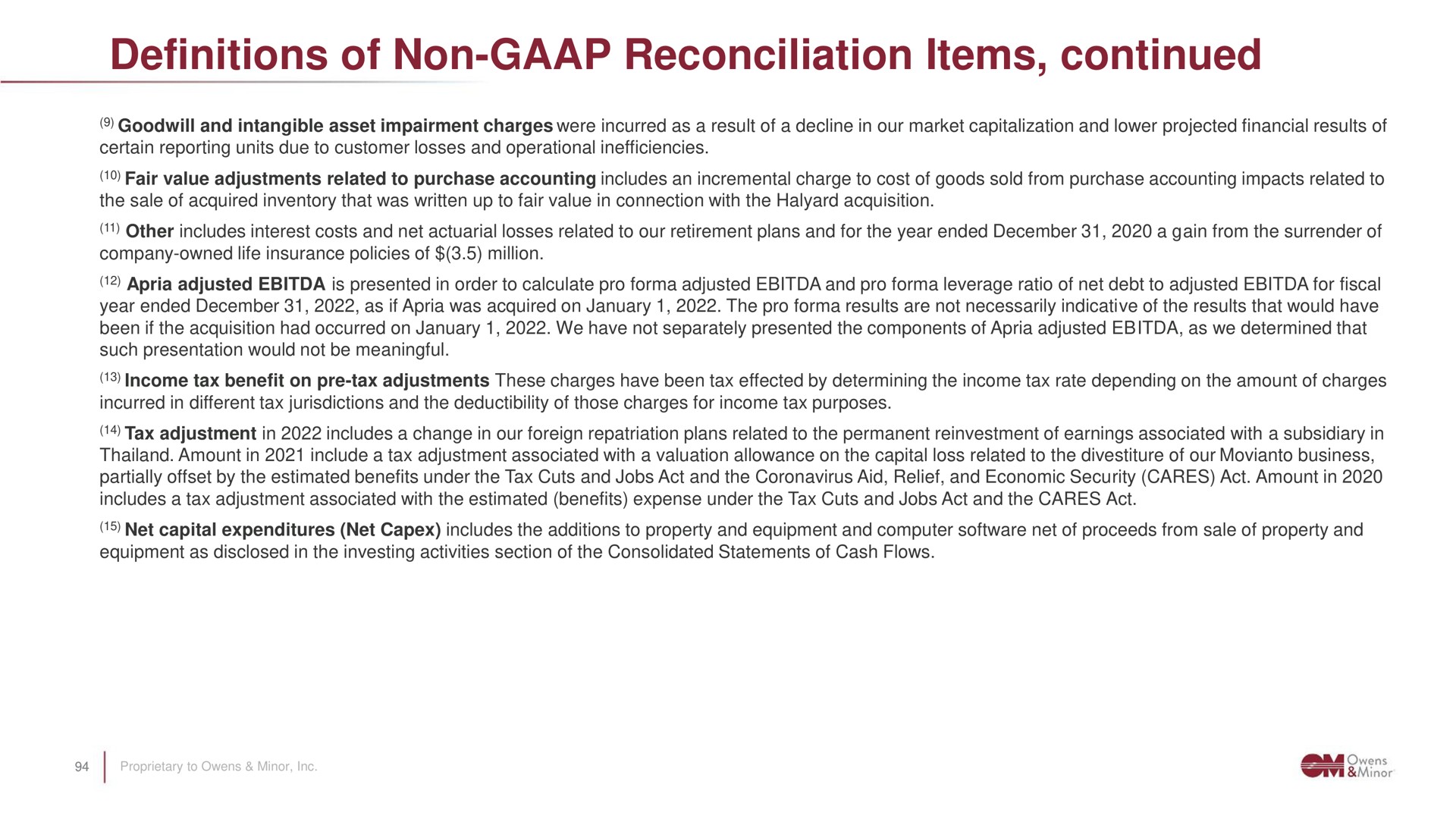 definitions of non reconciliation items continued | Owens&Minor
