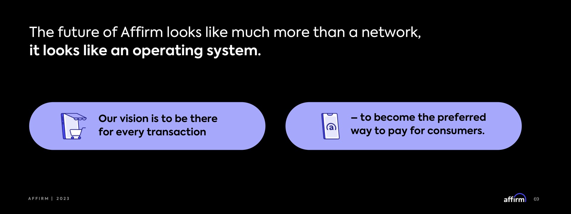 the future of affirm looks like much more than a network it looks like an operating system for every transaction to become preferred our vision is to be there | Affirm