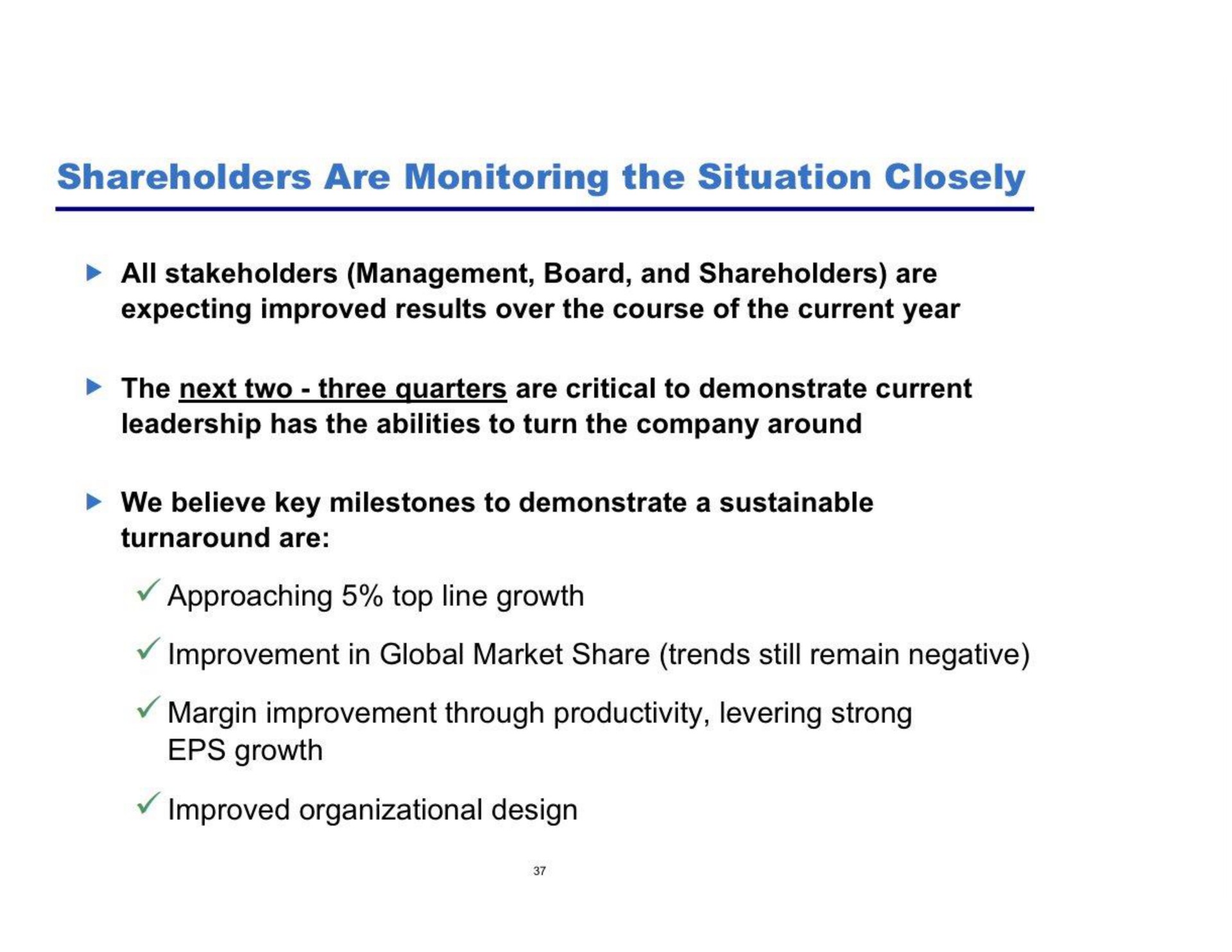 shareholders are monitoring the situation closely approaching top line growth improvement in global market share trends still remain negative margin improvement through productivity levering strong growth improved organizational design | Pershing Square