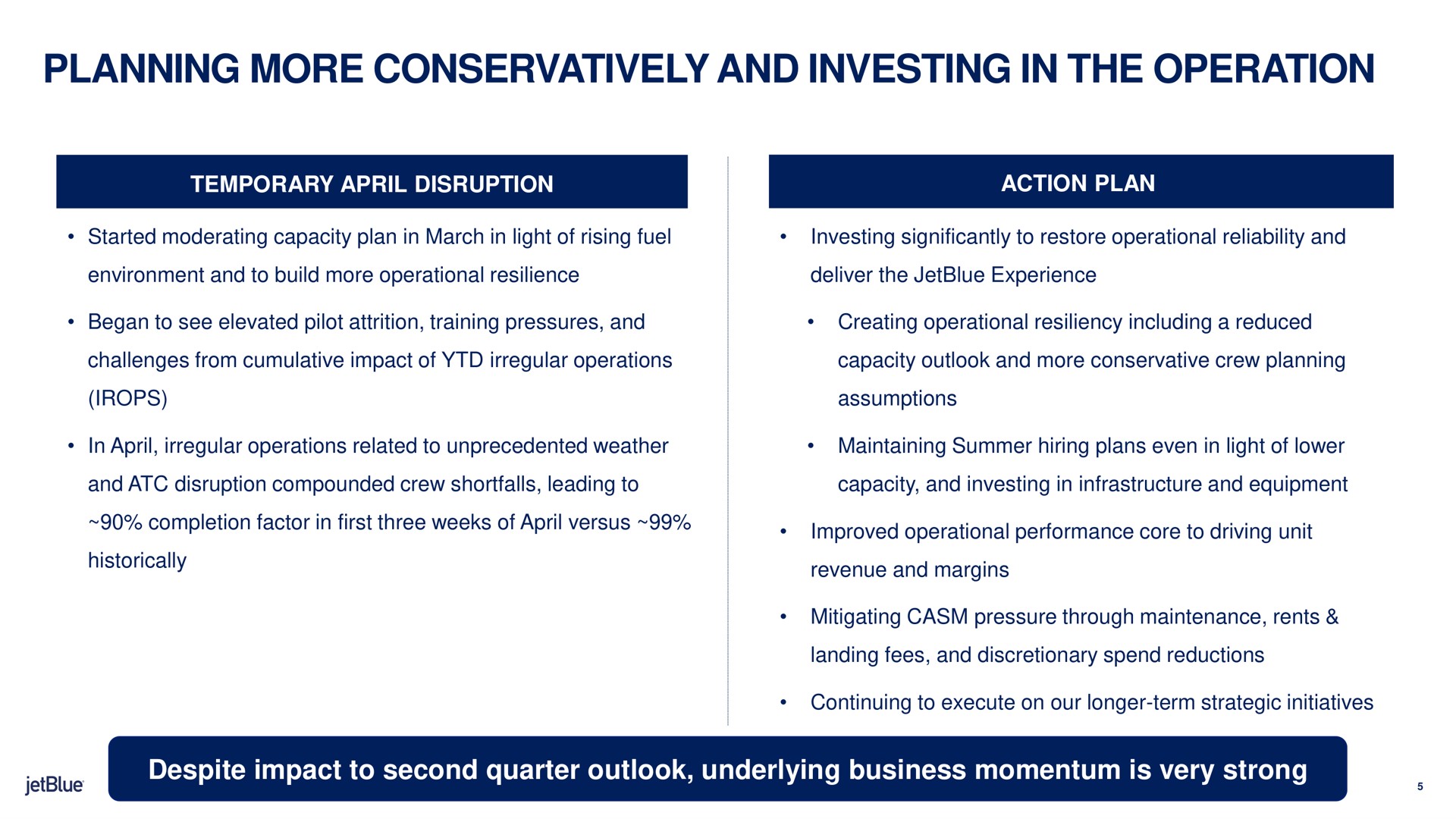 planning more conservatively and investing in the operation despite impact to second quarter outlook underlying business momentum is very strong historically revenue margins | jetBlue