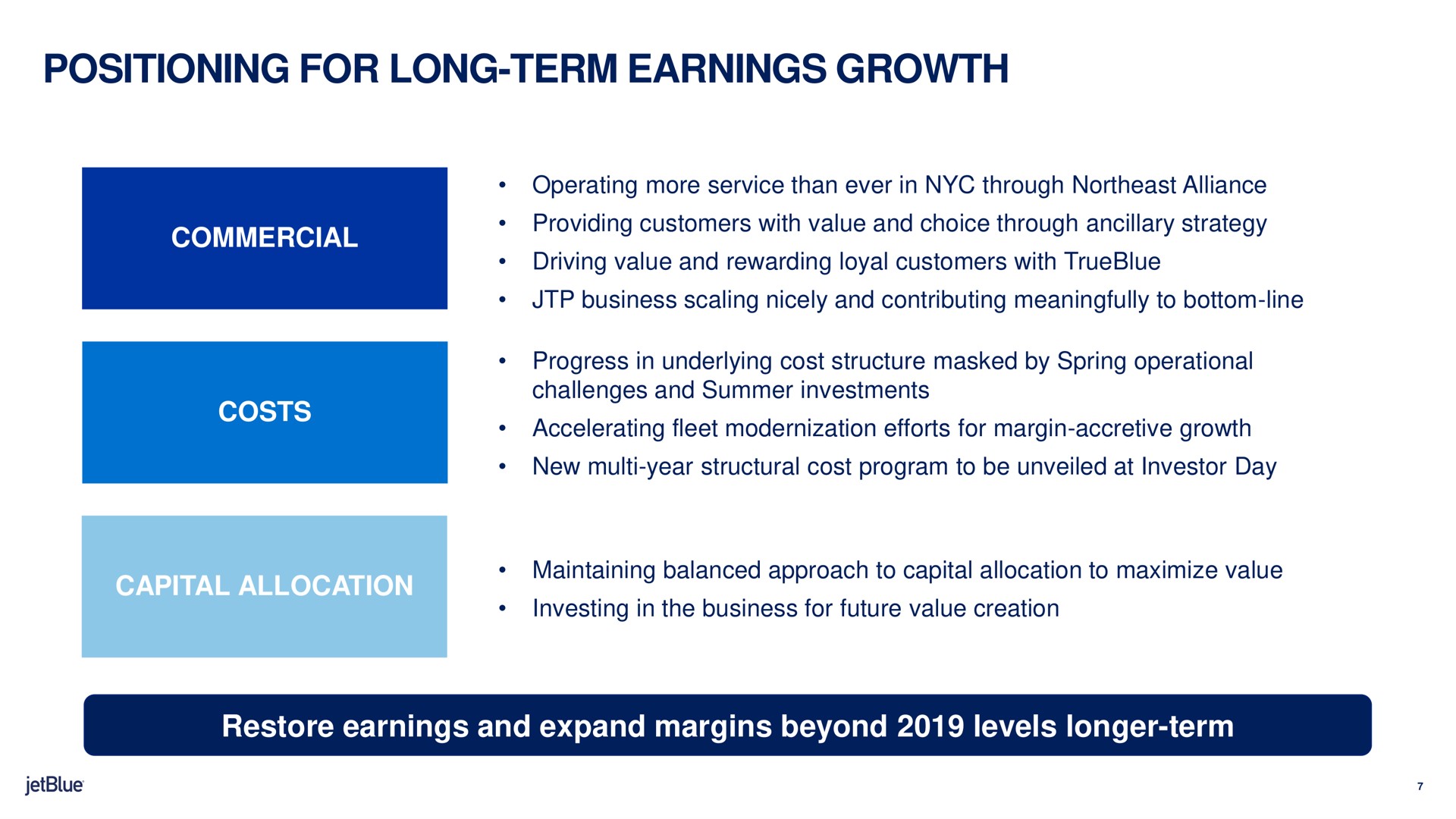 positioning for long term earnings growth commercial costs capital allocation restore earnings and expand margins beyond levels longer term | jetBlue