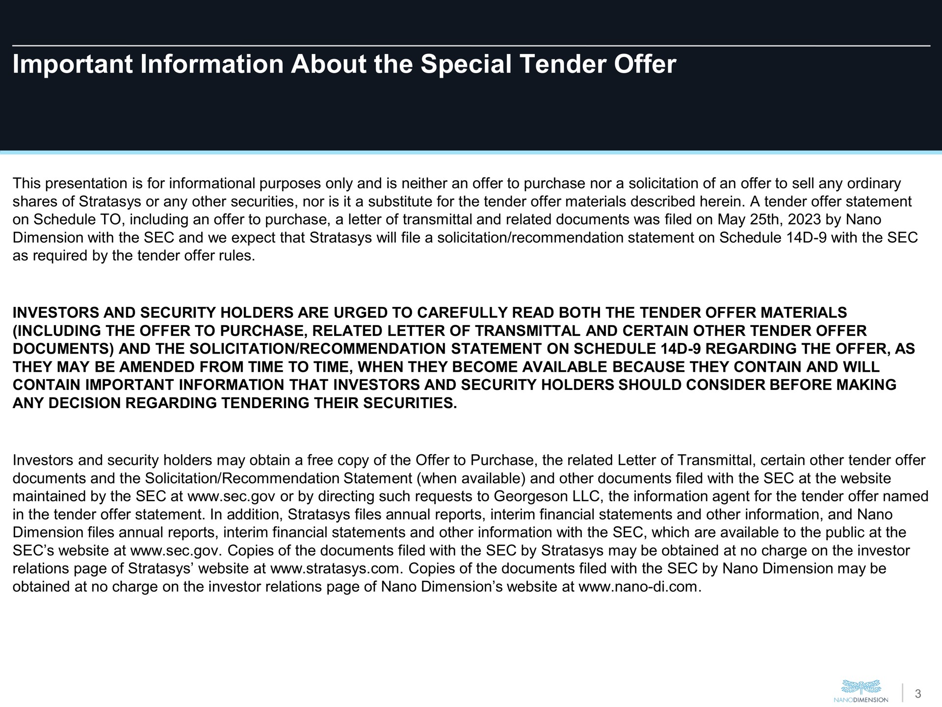 important information about the special tender offer | Nano Dimension