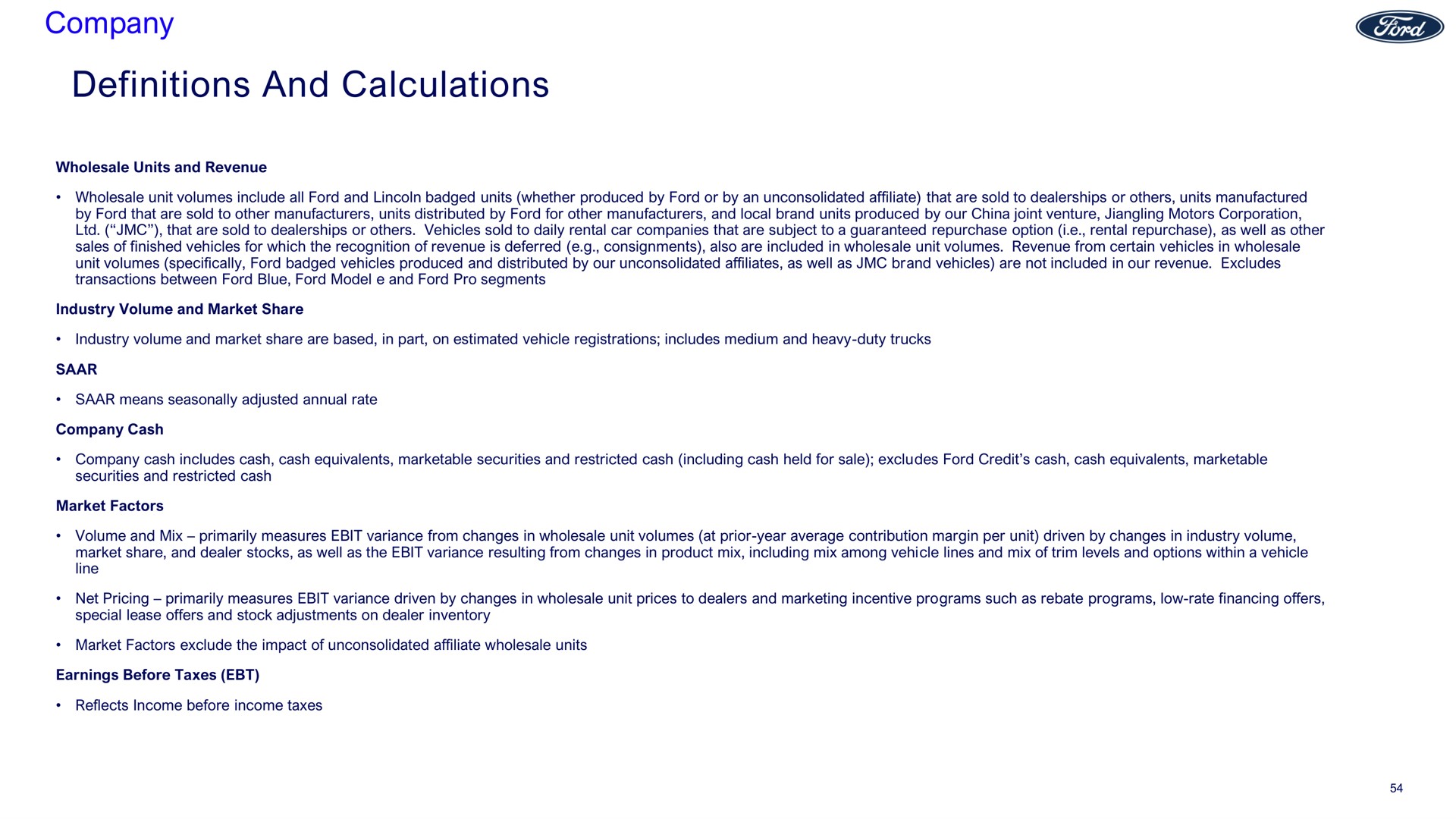 company definitions and calculations | Ford