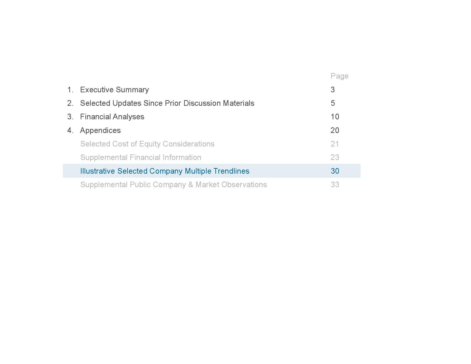 executive summary financial analyses selected updates since prior discussion materials appendices illustrative selected company multiple | Houlihan Lokey