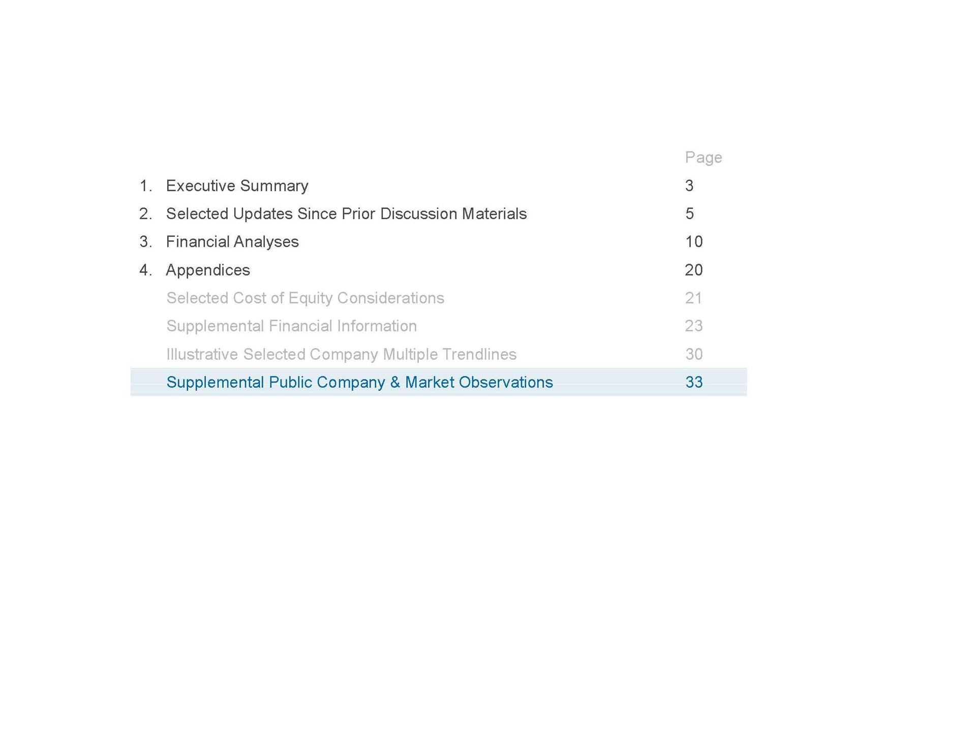 executive summary financial analyses selected updates since prior discussion materials appendices supplemental public company market observations | Houlihan Lokey