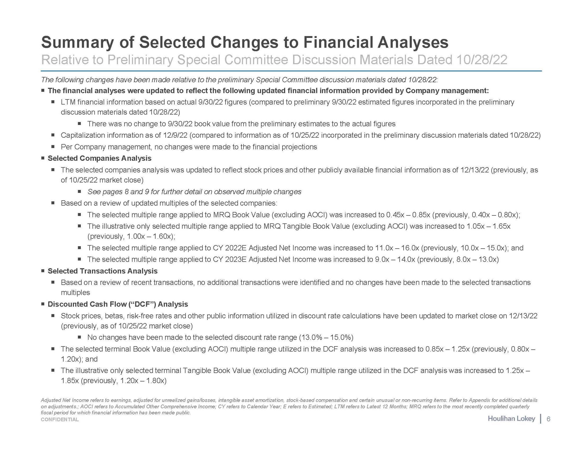 summary of selected changes to financial analyses | Houlihan Lokey