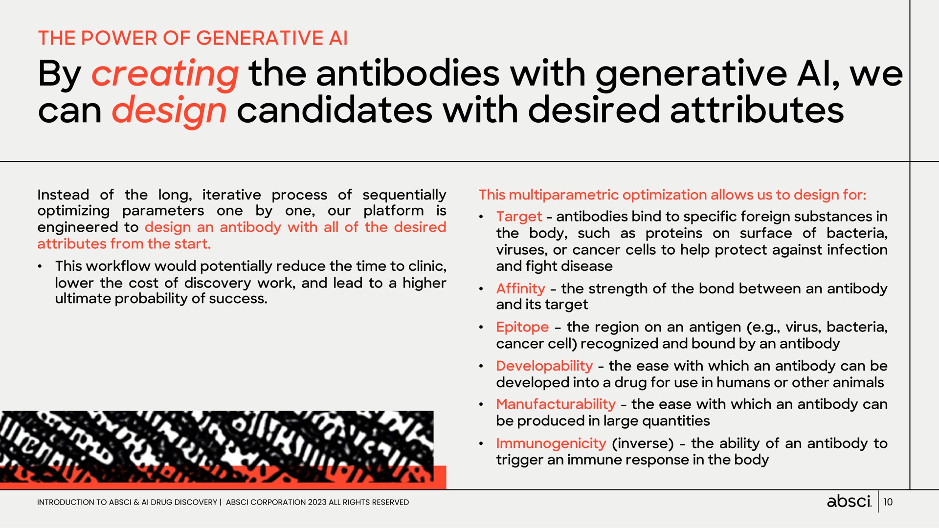 the power of generative by creating the antibodies with generative we can design candidates with desired attributes | Absci