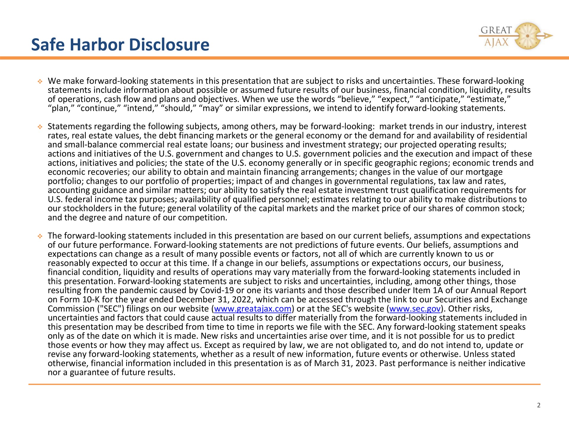 safe harbor disclosure | Great Ajax