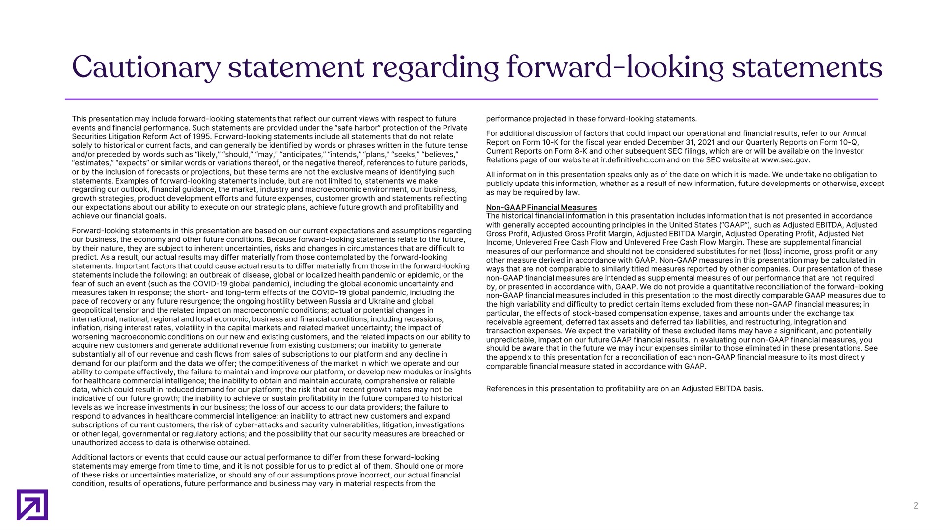 cautionary statement regarding forward looking statements | Definitive Healthcare