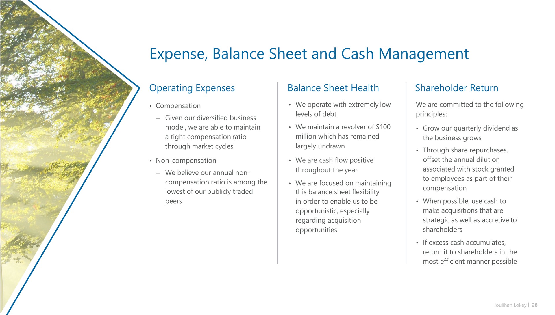 expense balance sheet and cash management operating expenses balance sheet health shareholder return | Houlihan Lokey