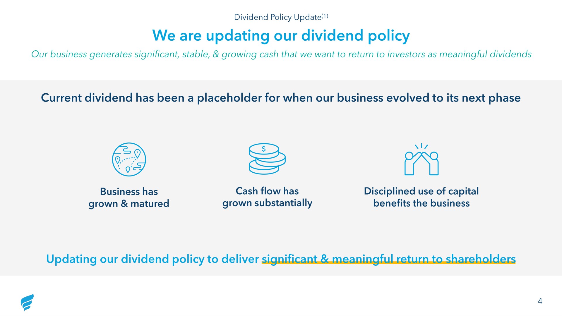 we are updating our dividend policy our business generates significant stable growing cash that we want to return to investors as meaningful dividends current dividend has been a for when our business evolved to its next phase business has grown matured cash flow has grown substantially disciplined use of capital benefits the business updating our dividend policy to deliver significant meaningful return to shareholders | NewFortress Energy